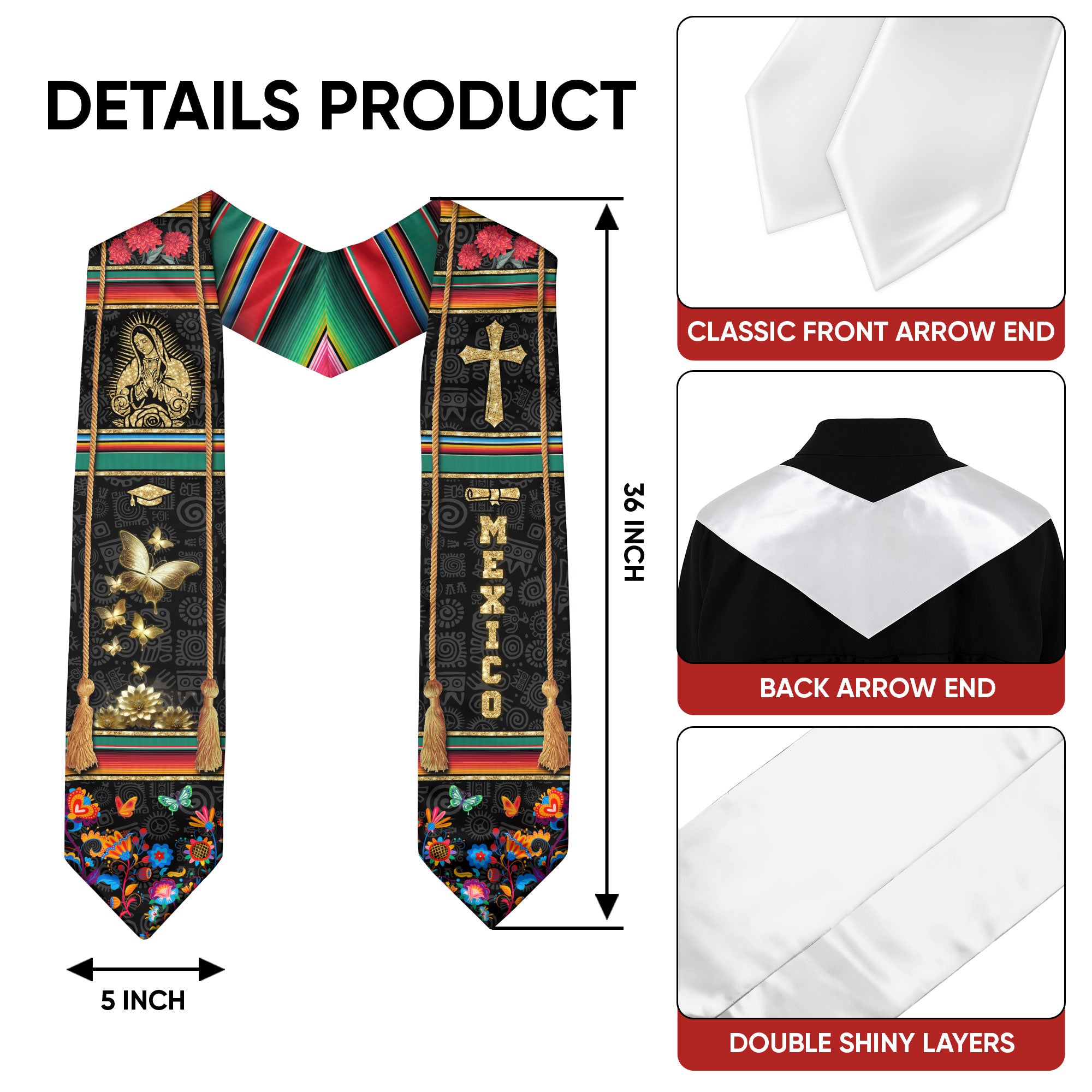 Mexican Graduation Stole Mexico Sash Aztec Virgin Mary Cross Butterfly 2026