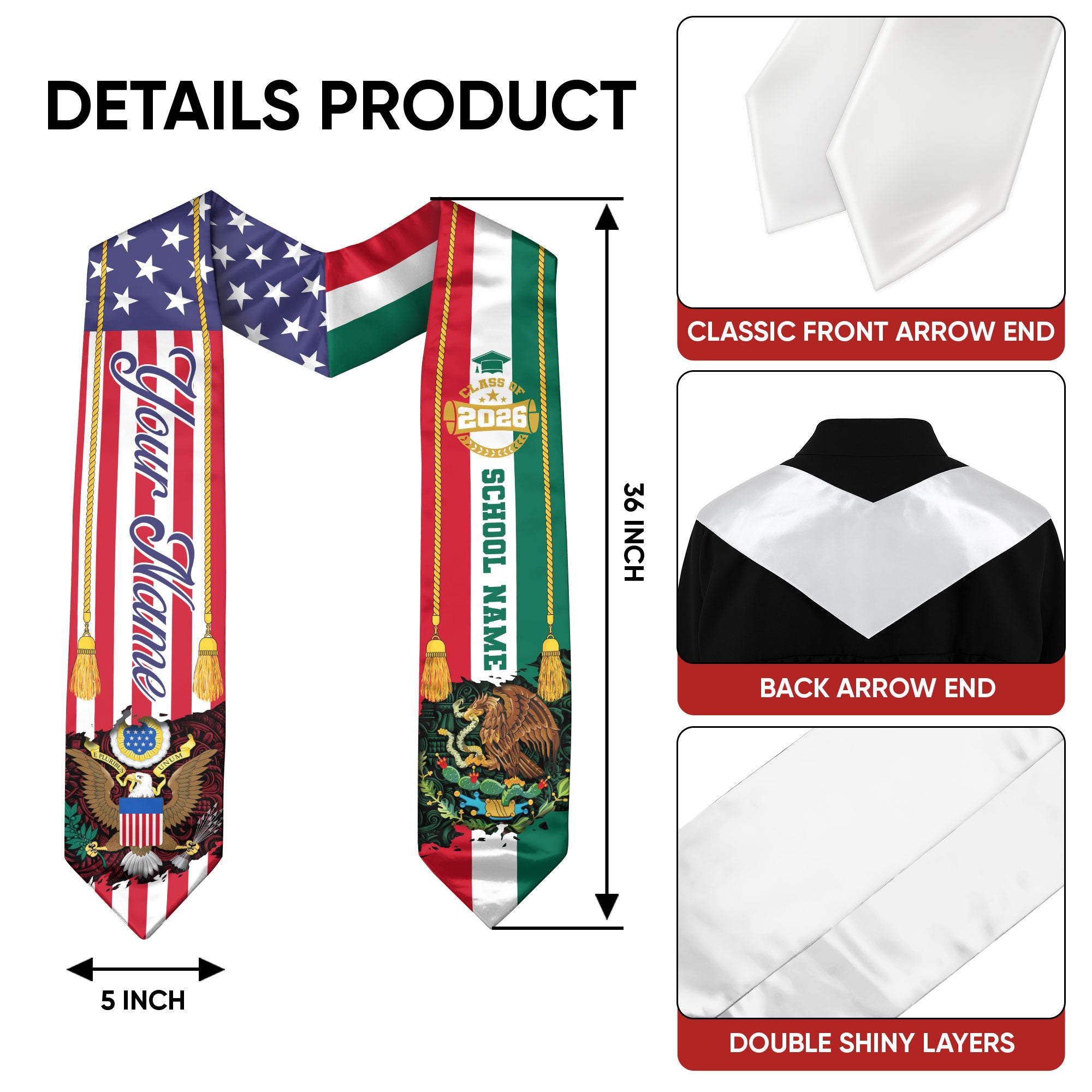 Personalized Mexican American Graduation Sash Class of 2026 Flag Eagle Name Stole