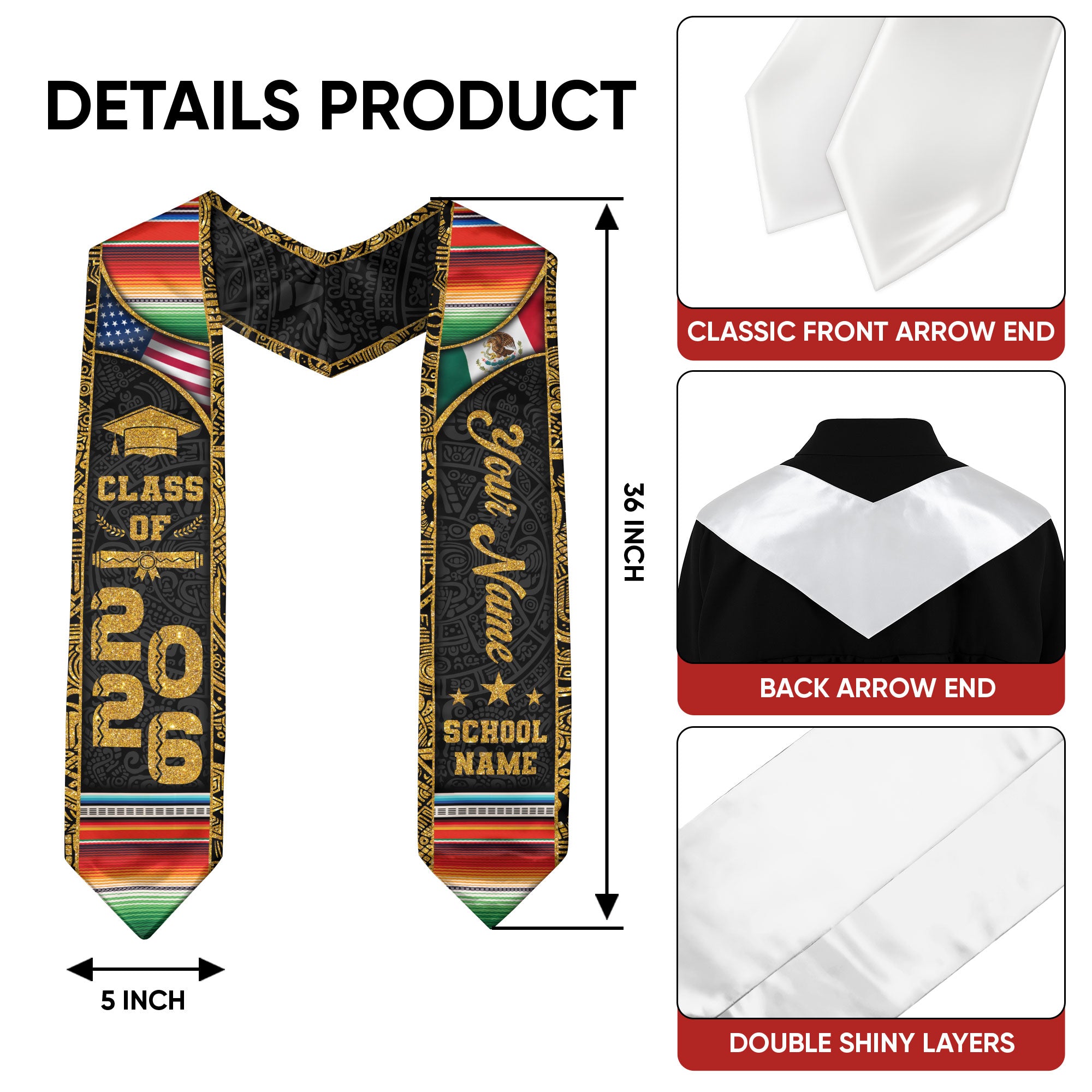 Custom Mexican Graduation Stole Class of 2026 Serape Stripe Aztec Pattern Name Sash