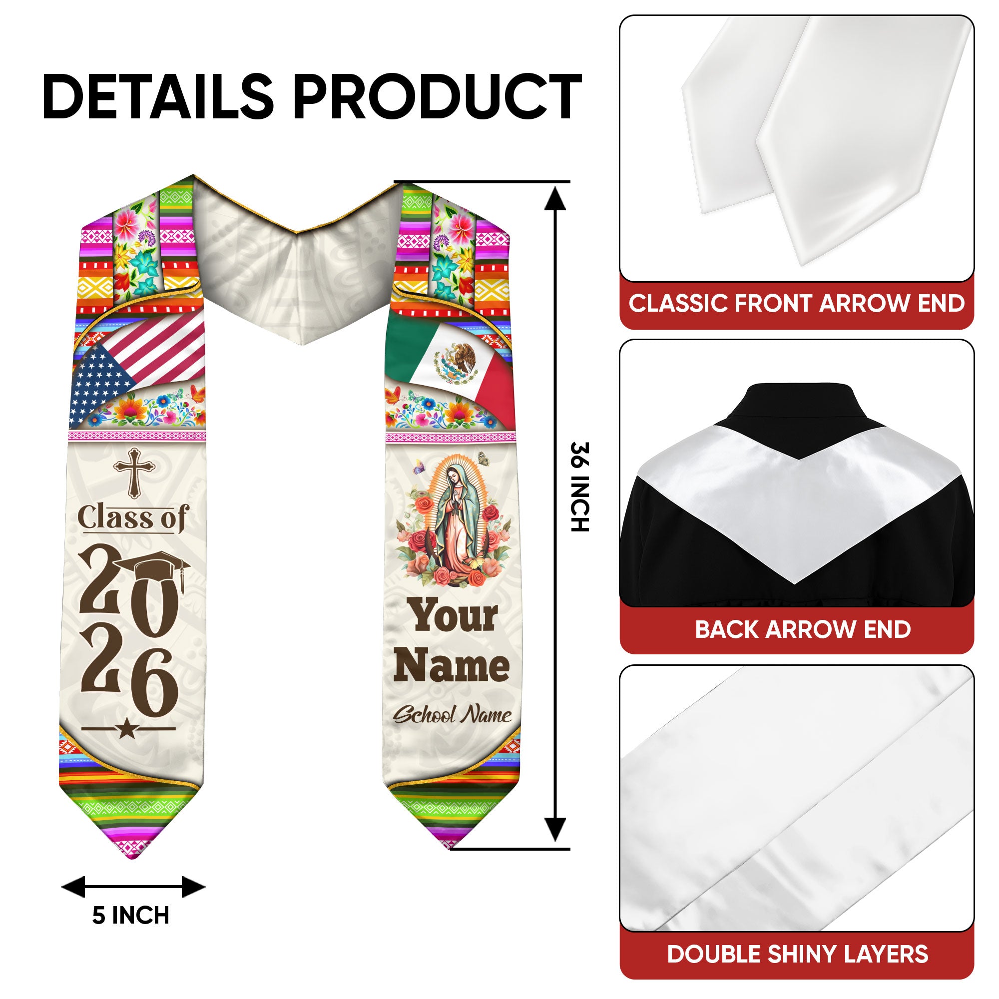Custom Mexican Graduation Stole Mexico Sash Virgin Mary Cross Aztec Floral USA Flag 2026