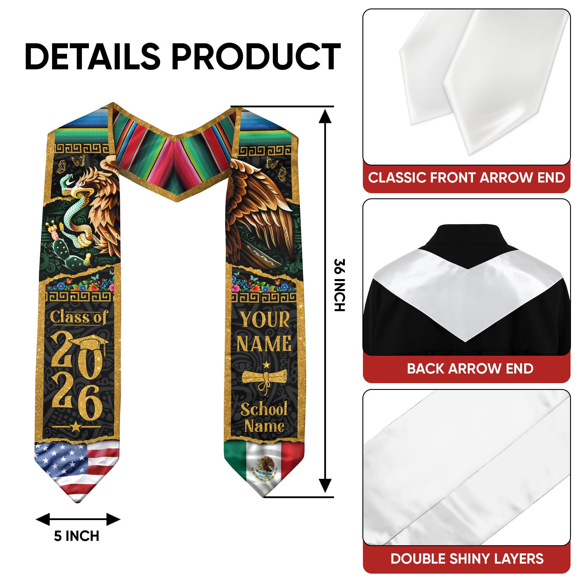 Custom Mexican Graduation Stole Mexico USA Flag Aztec Eagle Serape Gold Class 2026