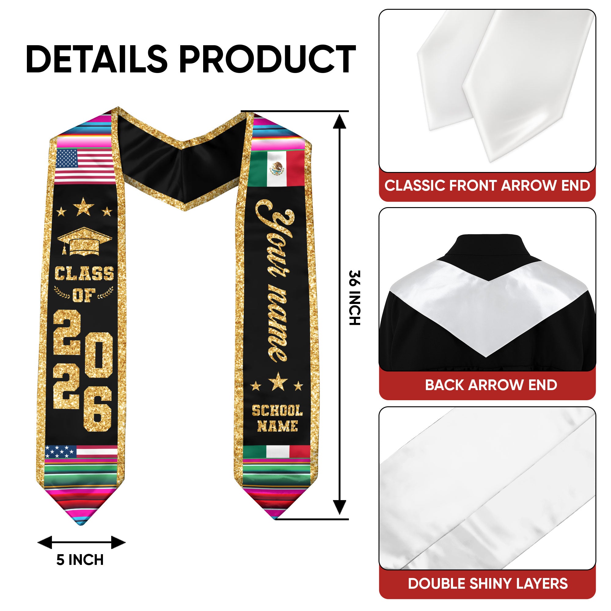 Mexican Graduation Stole Custom Name Mexico USA Flag Serape Gold Glitter Class 2026