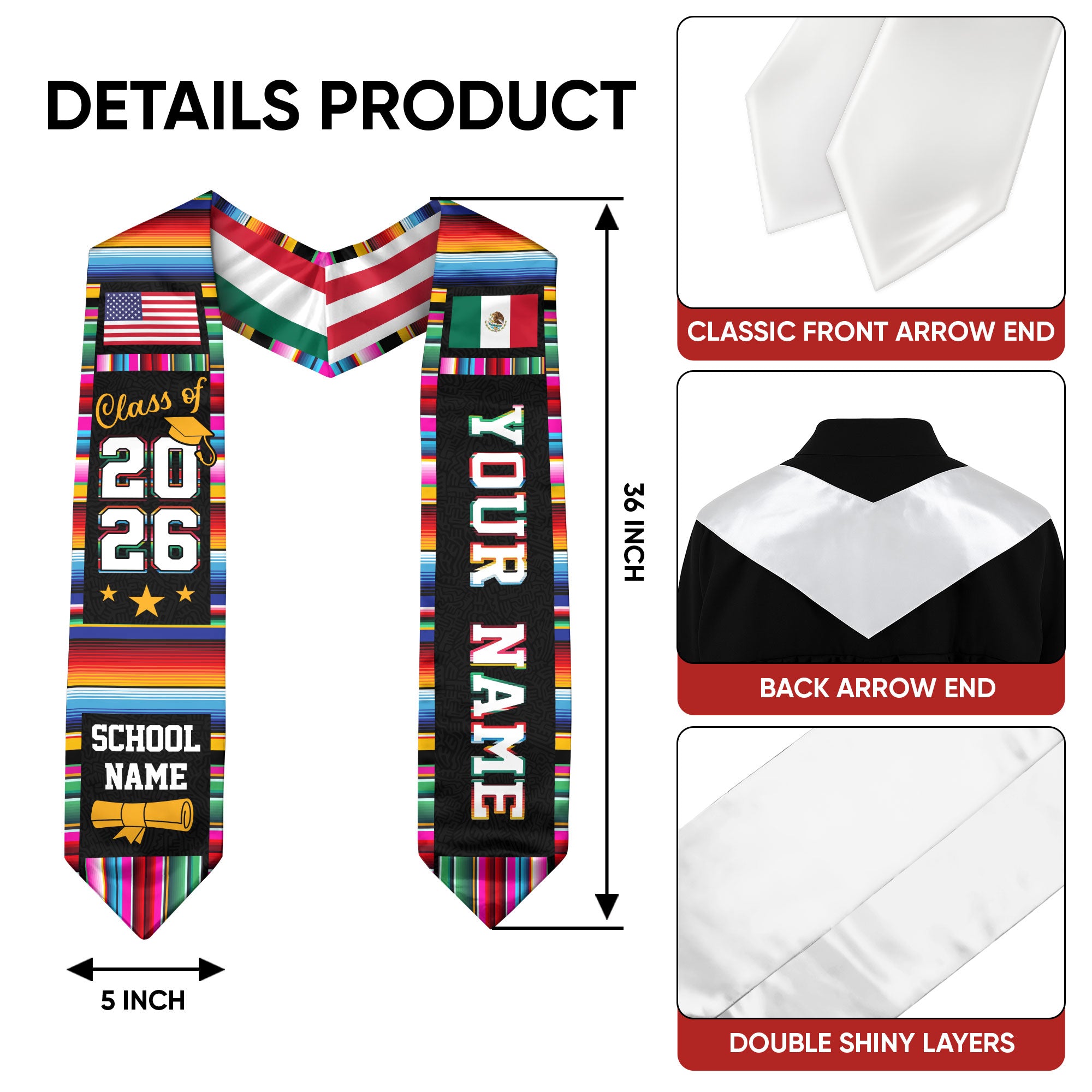 Custom Mexican Graduation Stole Mexico USA Flag Serape Class 2026 Personalized Name