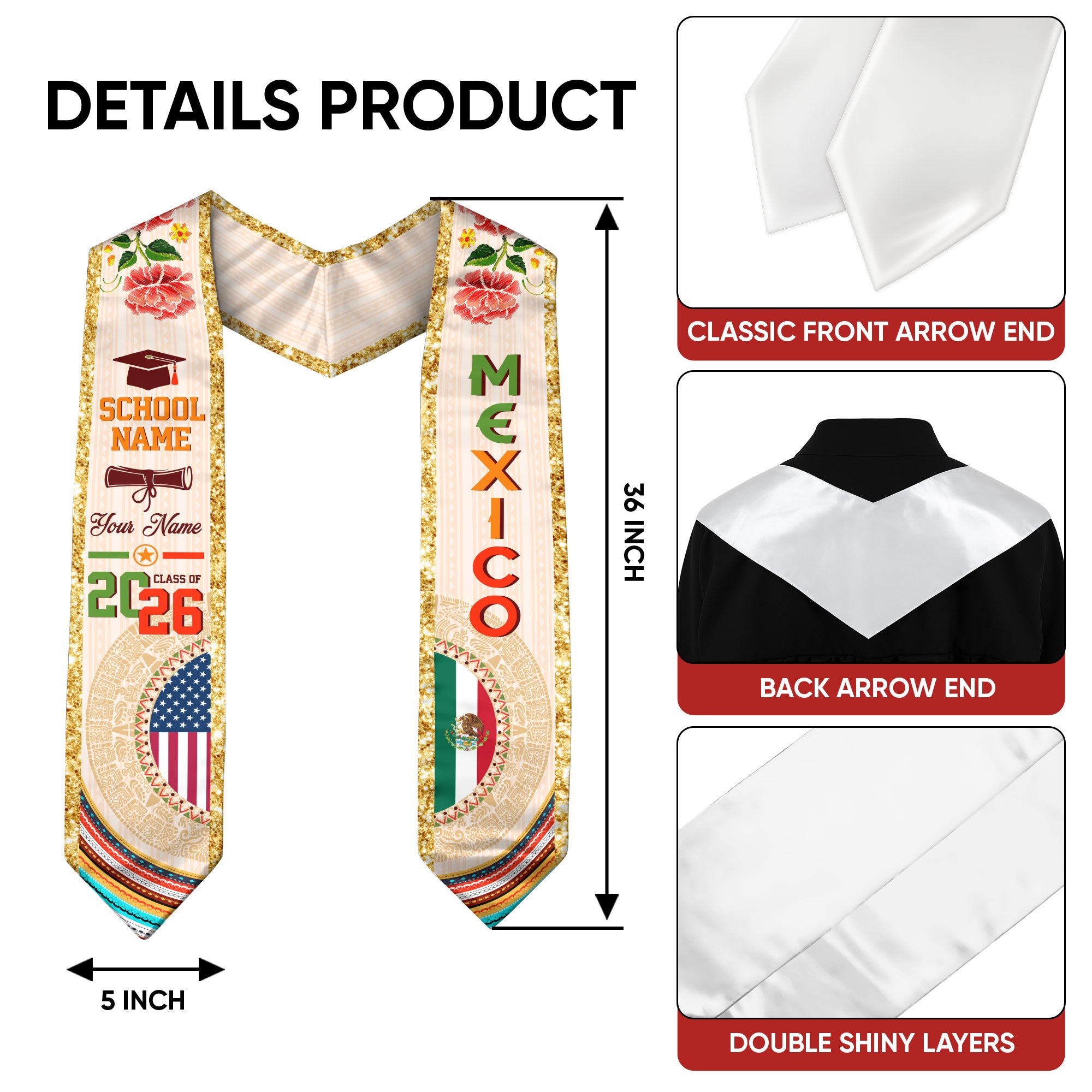 Mexican Graduation Stole Custom Name Mexico USA Flag Aztec Rose Class 2026