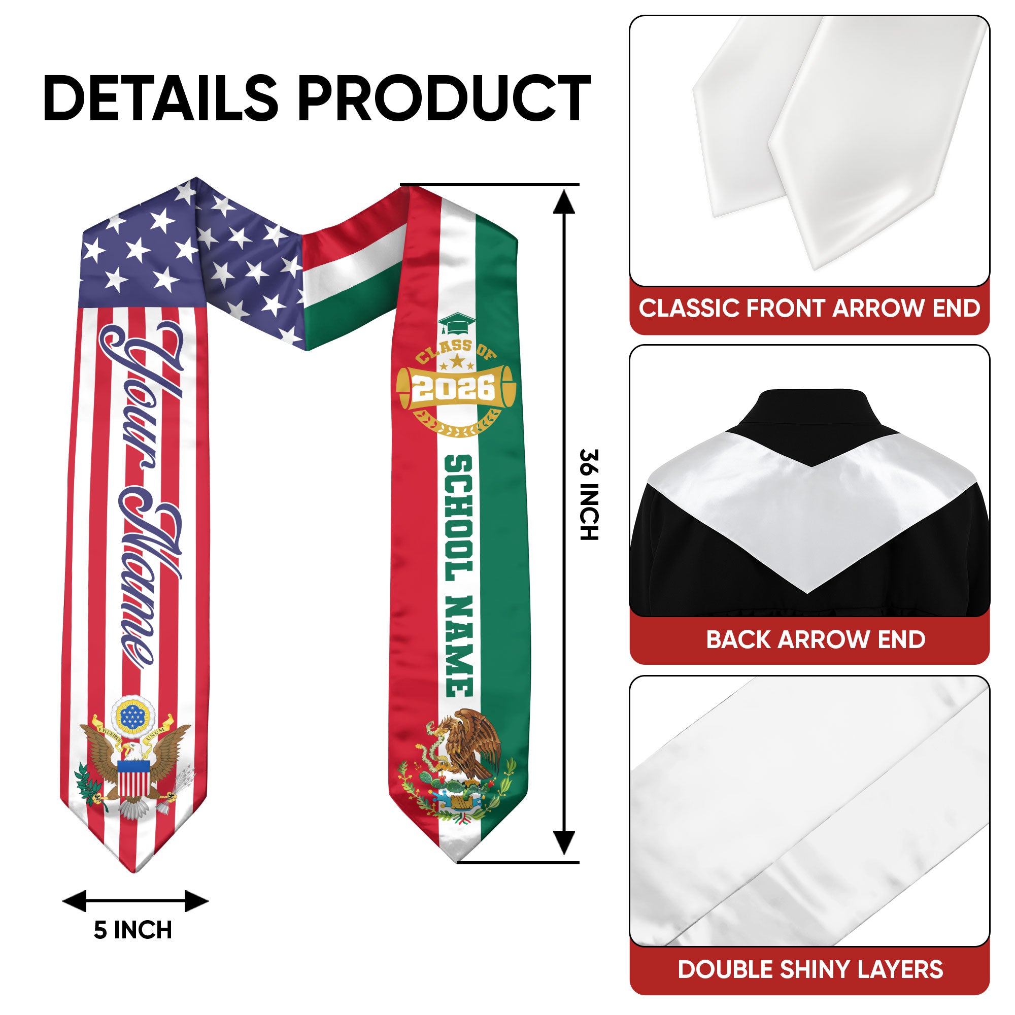 Mexican Graduation Stole Custom Name Mexico Sash USA Mexico Flag Eagle Emblem 2026