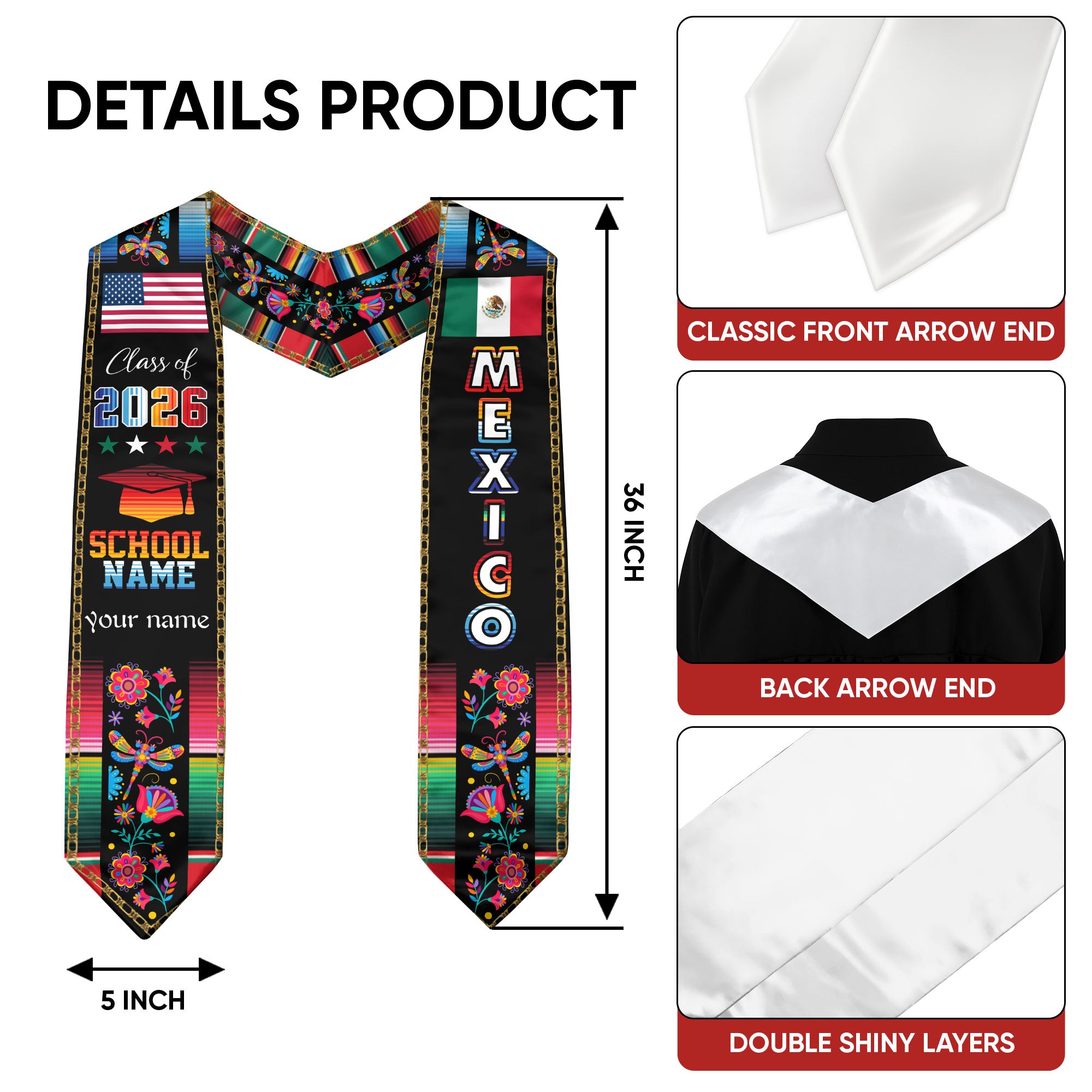 Custom Mexican Graduation Stole Mexico Sash Aztec Floral Butterfly Serape 2026