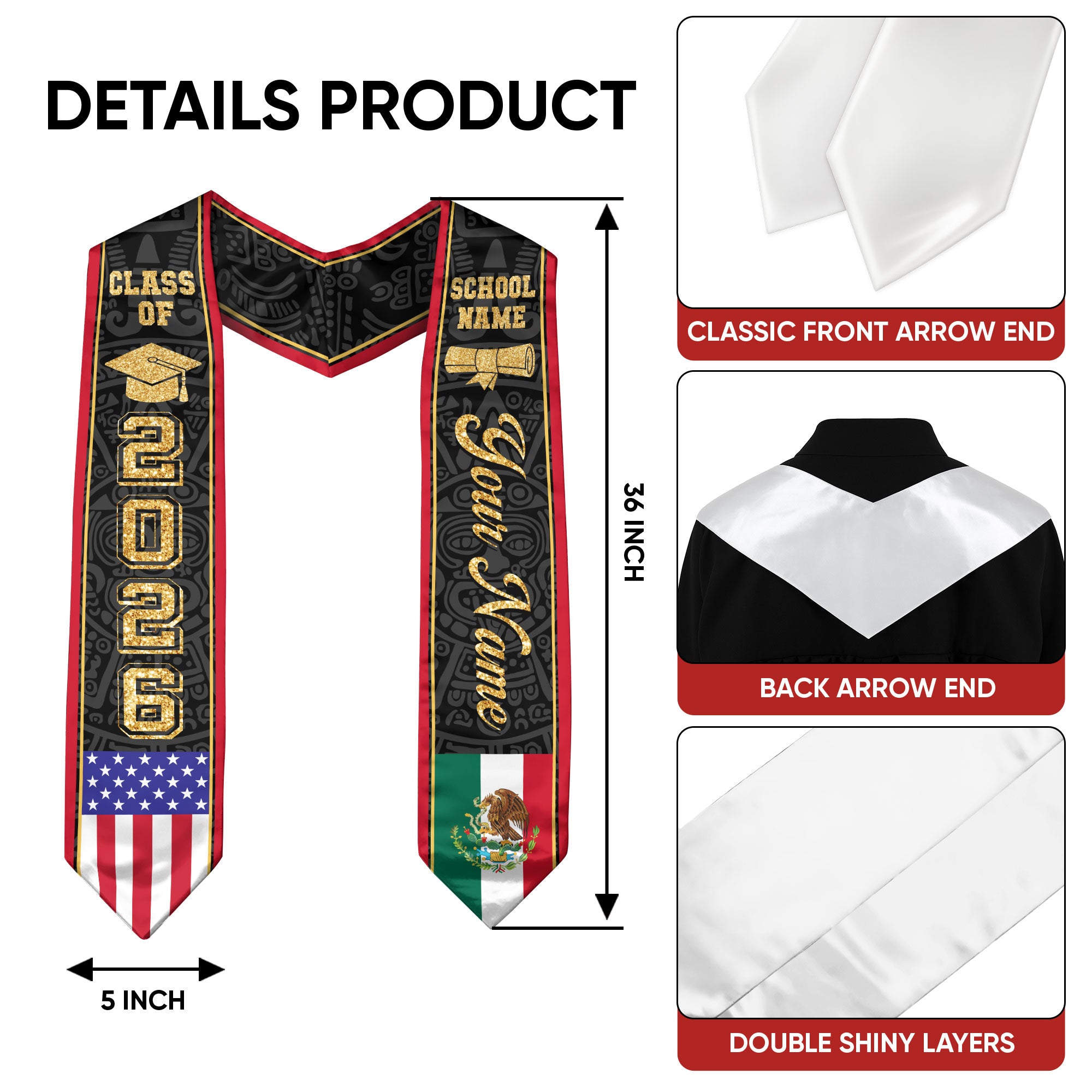 Mexican Graduation Stole Custom Name Mexico Sash Aztec Gold Glitter USA Flag 2026