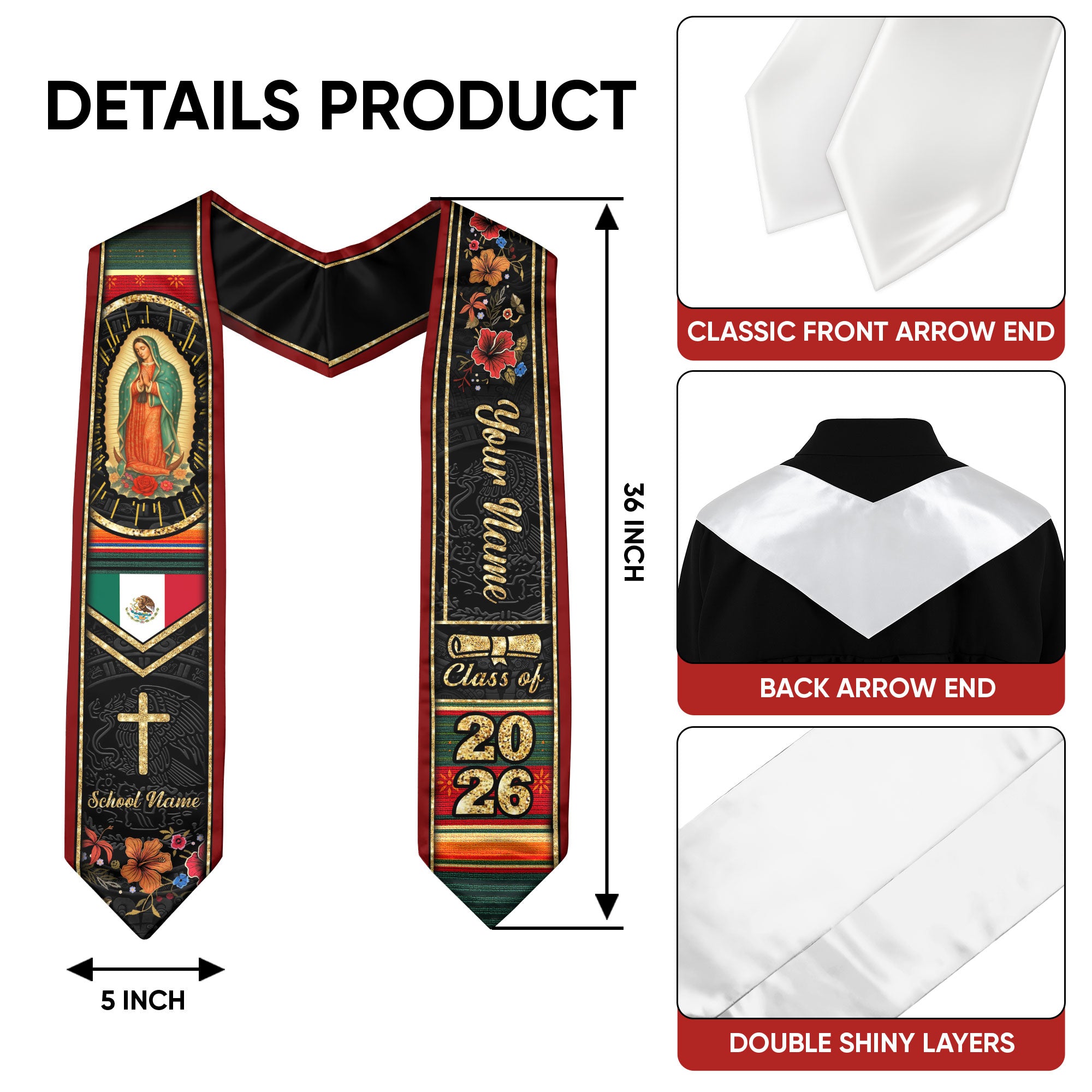 Customized Mexico Graduation Stole, Mexican Flag Inspired Stole, Graduation Sash Class of 2026