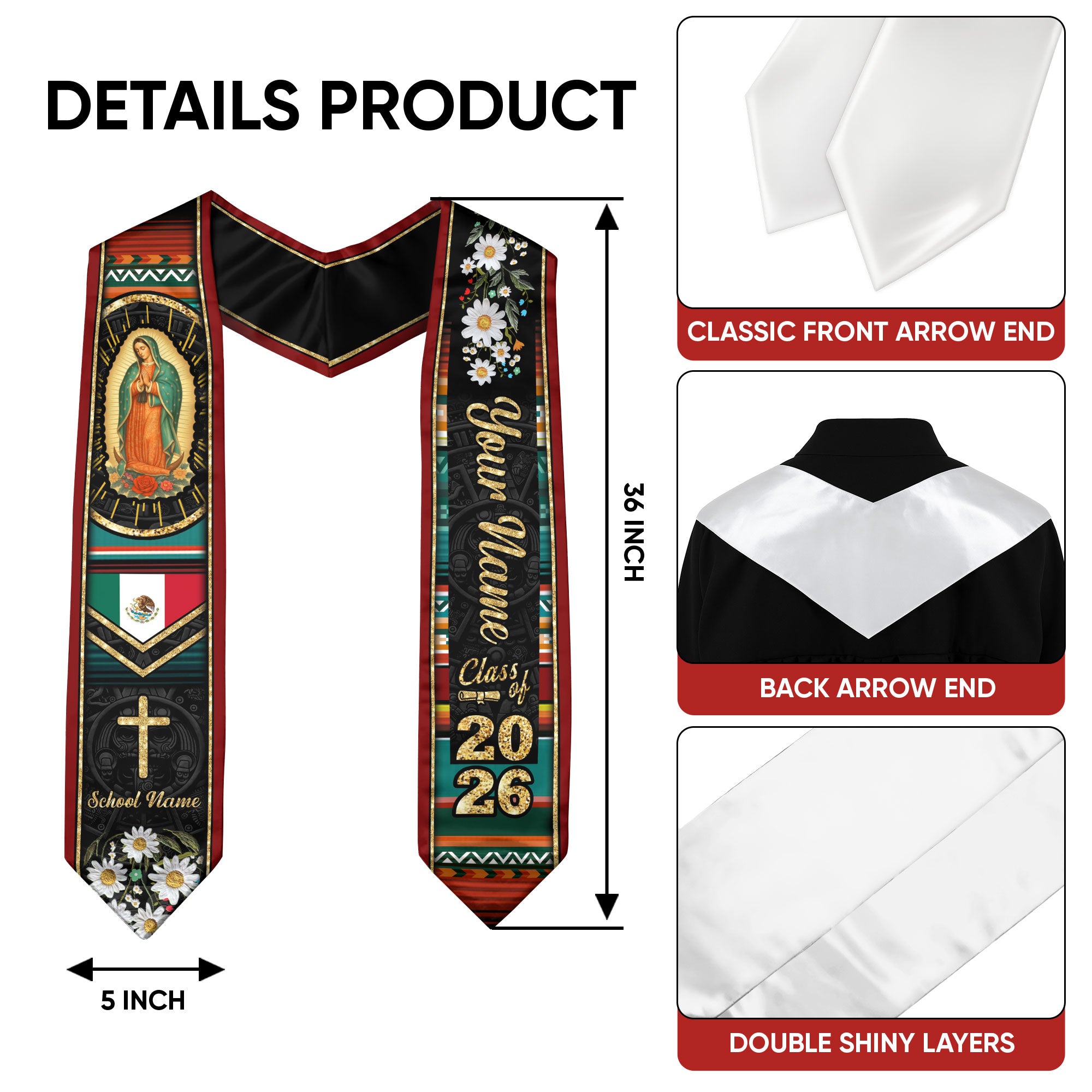 Customized Mexican Graduation Stole with National Flag Design, Graduation Sash for Class of 2026