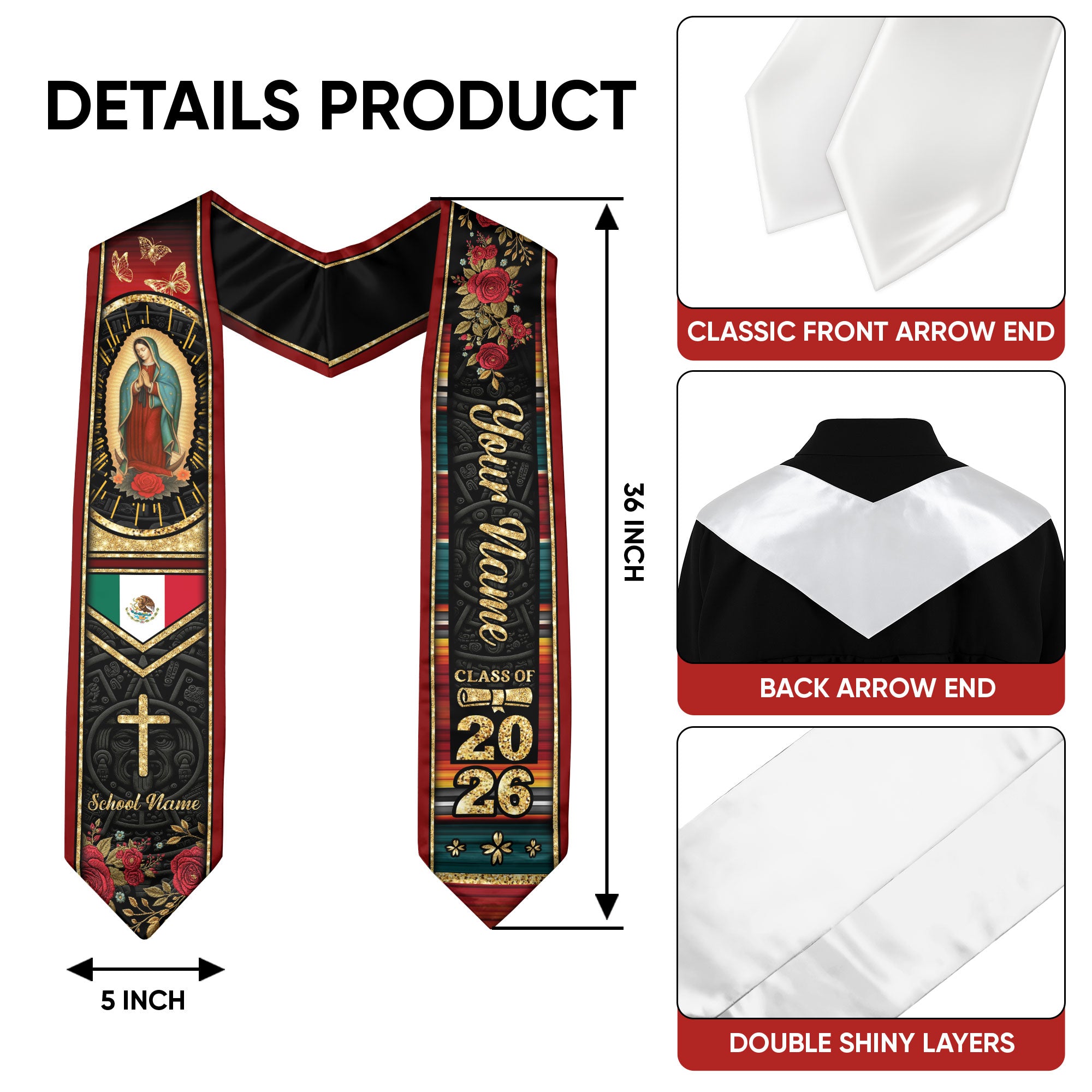 Customized Graduation Stole Mexico, Mexican Flag Style Graduation Sash for the Class of 2026