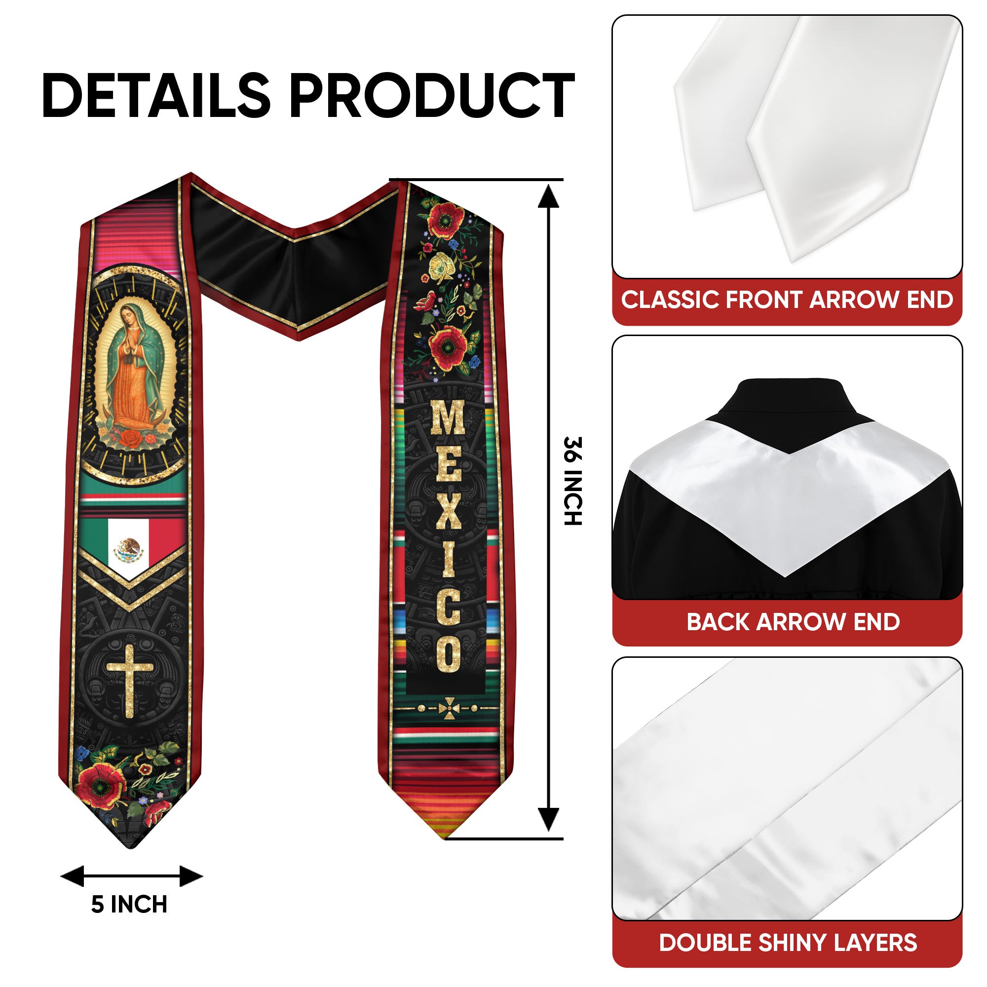 Mexican Graduation Stole Mexico Sash Aztec Virgin Mary Cross Serape Flowers