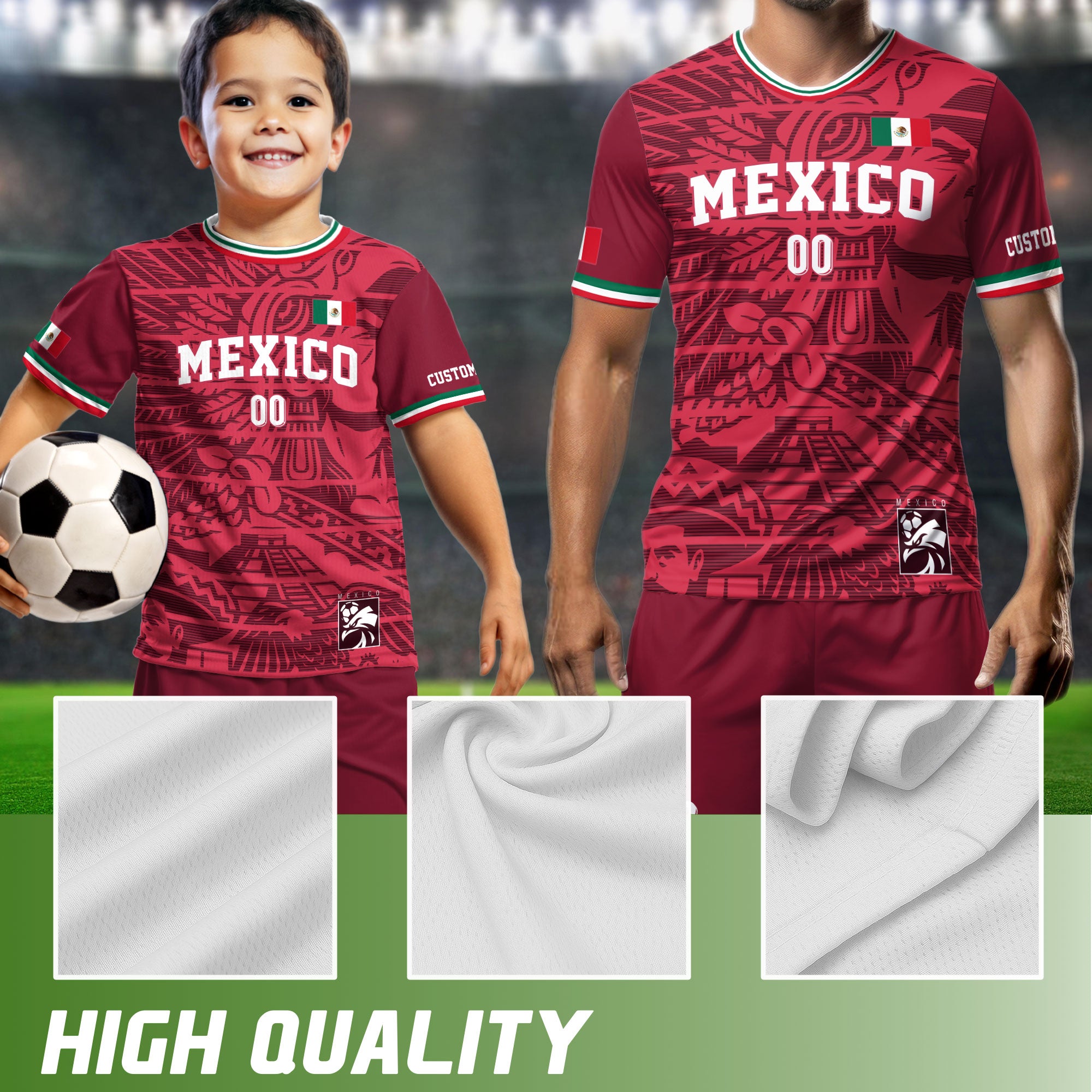 Custom Mexico Burgundy Aztec Pattern Design Soccer Jersey