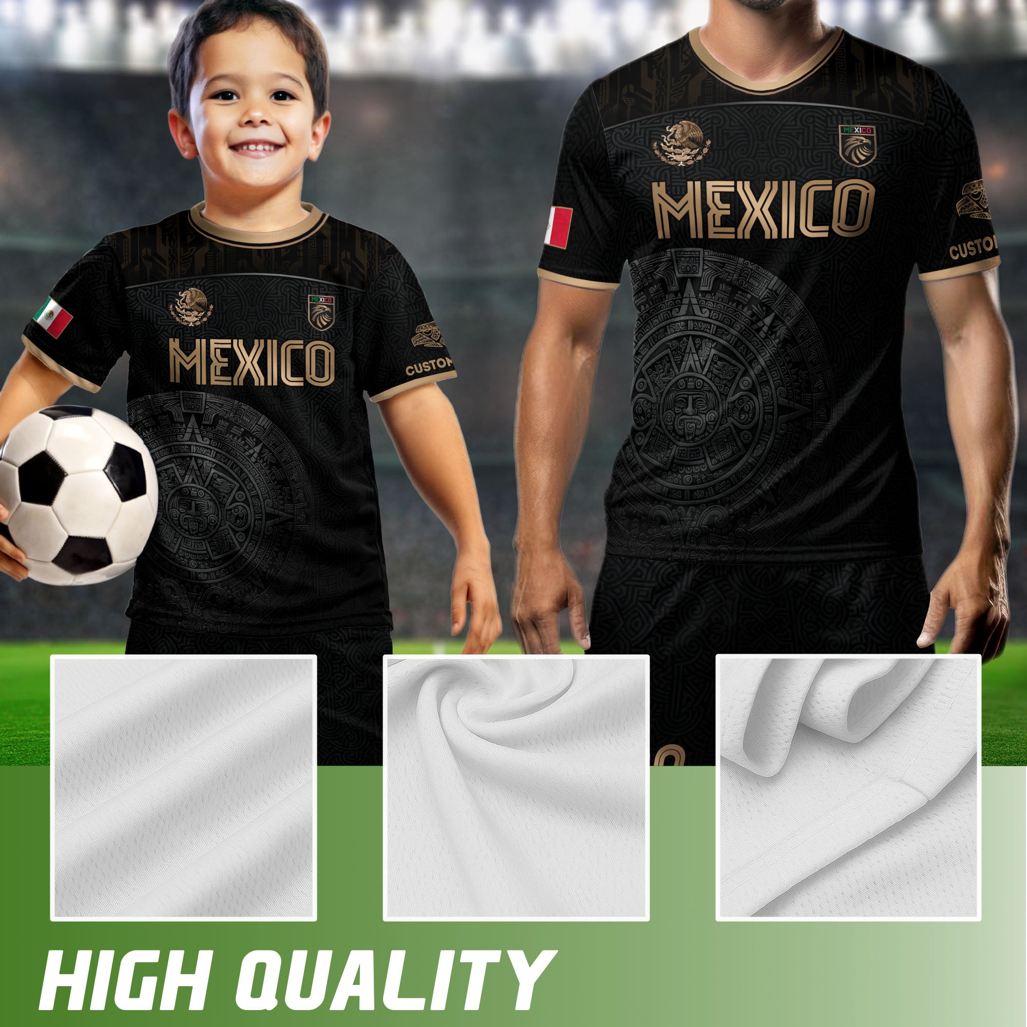 Mexico Custom Soccer Jersey Black Aztec Calendar Gold Edition