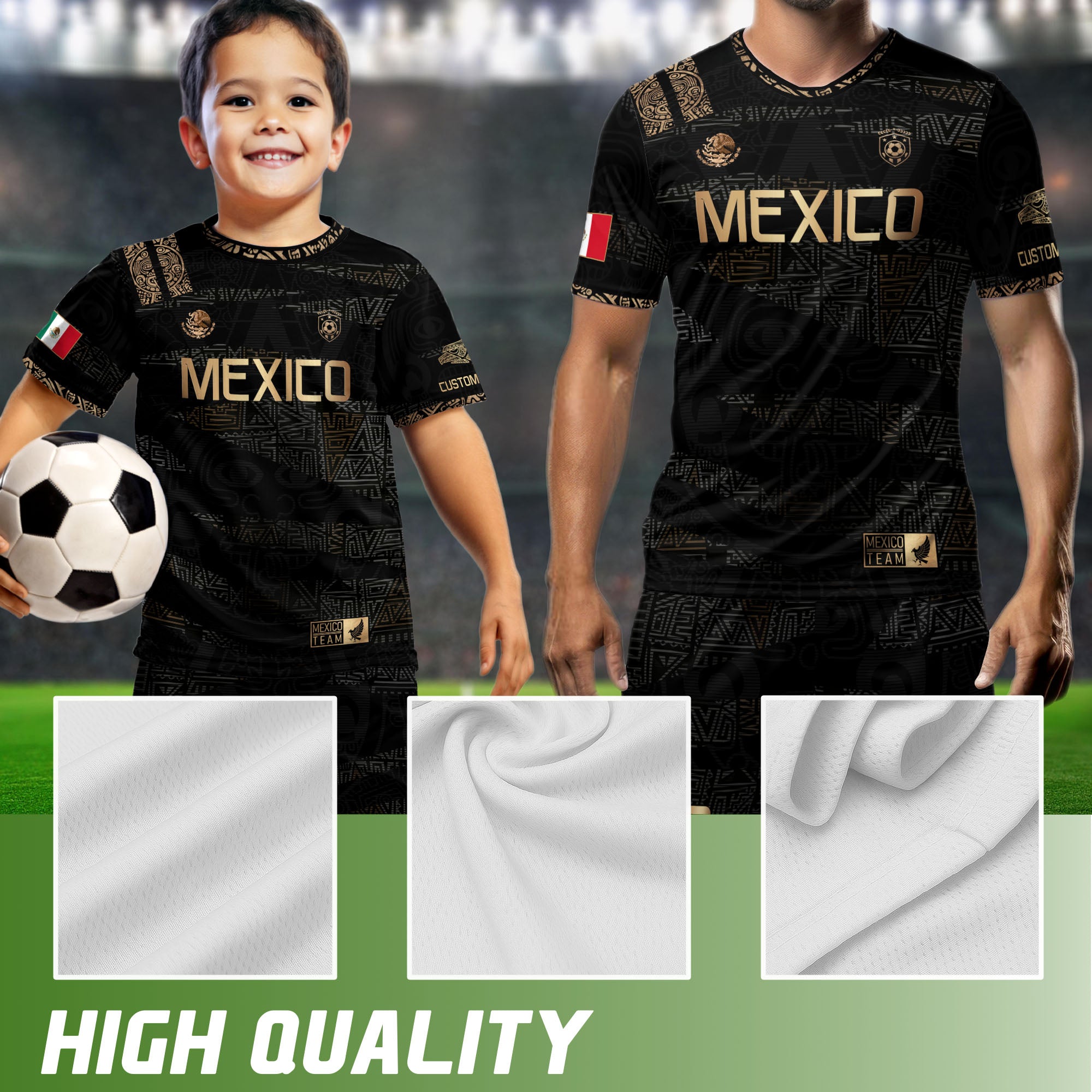 Custom Mexico Soccer Jersey and Shorts Set Black Gold Aztec