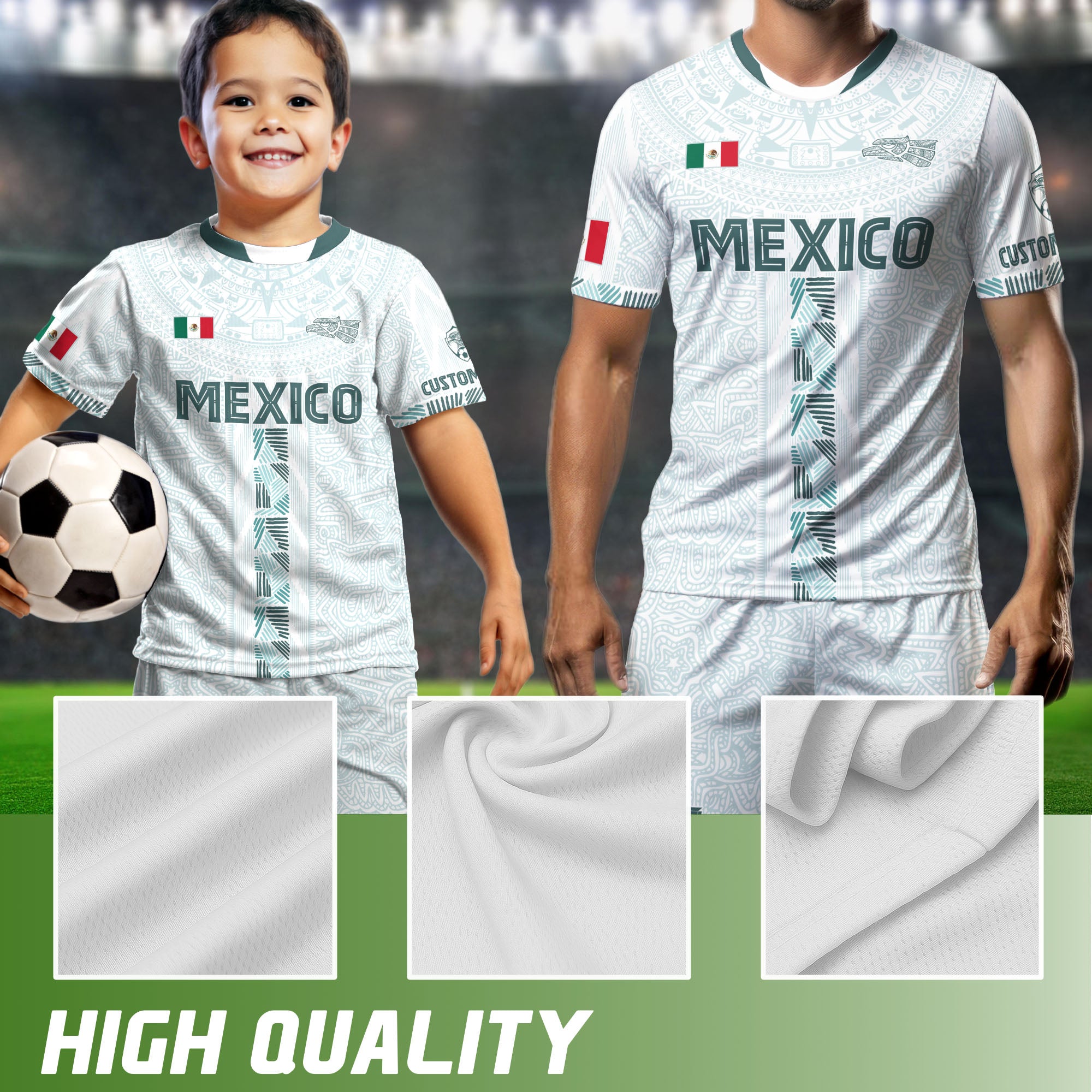Mexico Custom White Soccer Jersey with Aztec Calendar Design