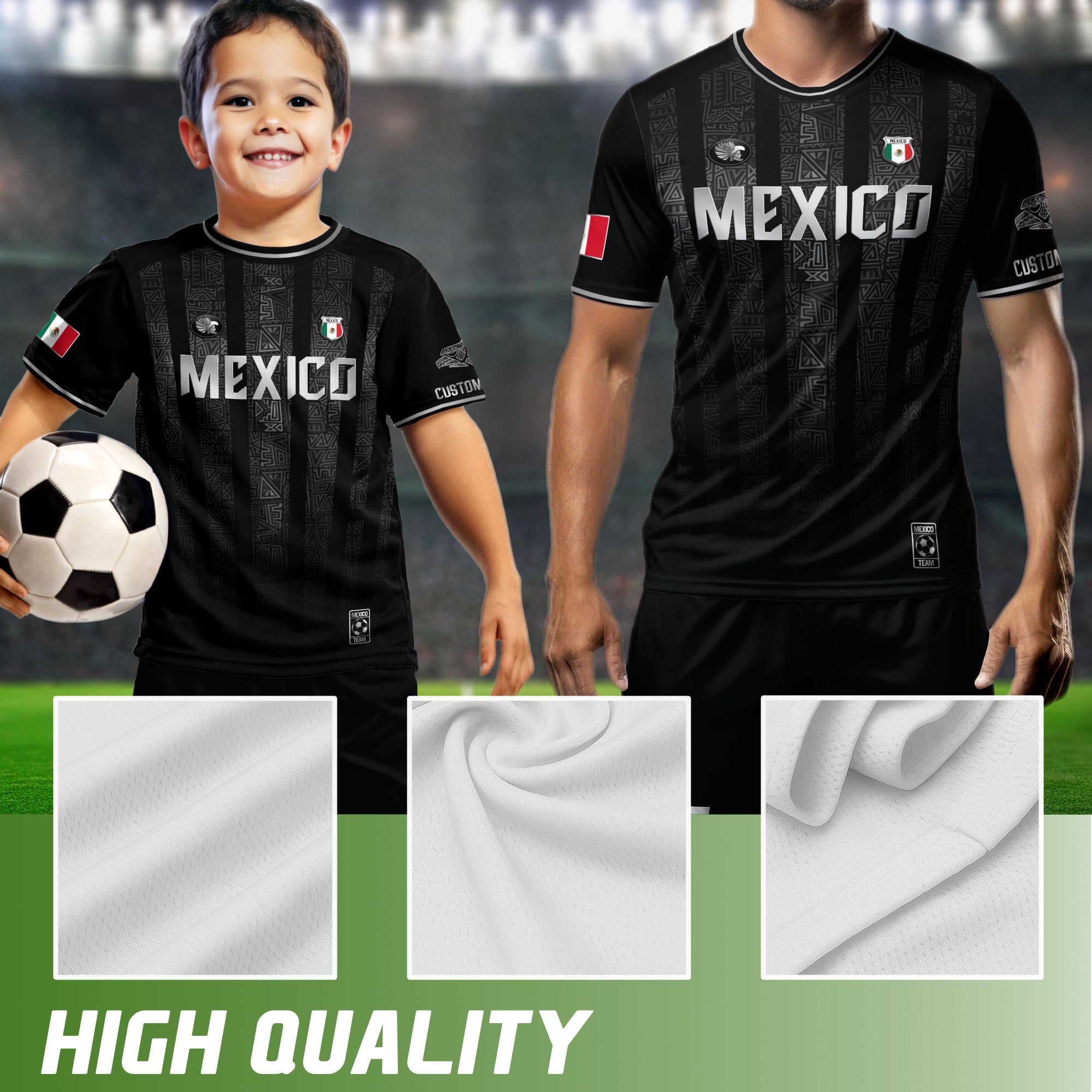 Mexico Custom Black Soccer Jersey with Silver Aztec Pattern