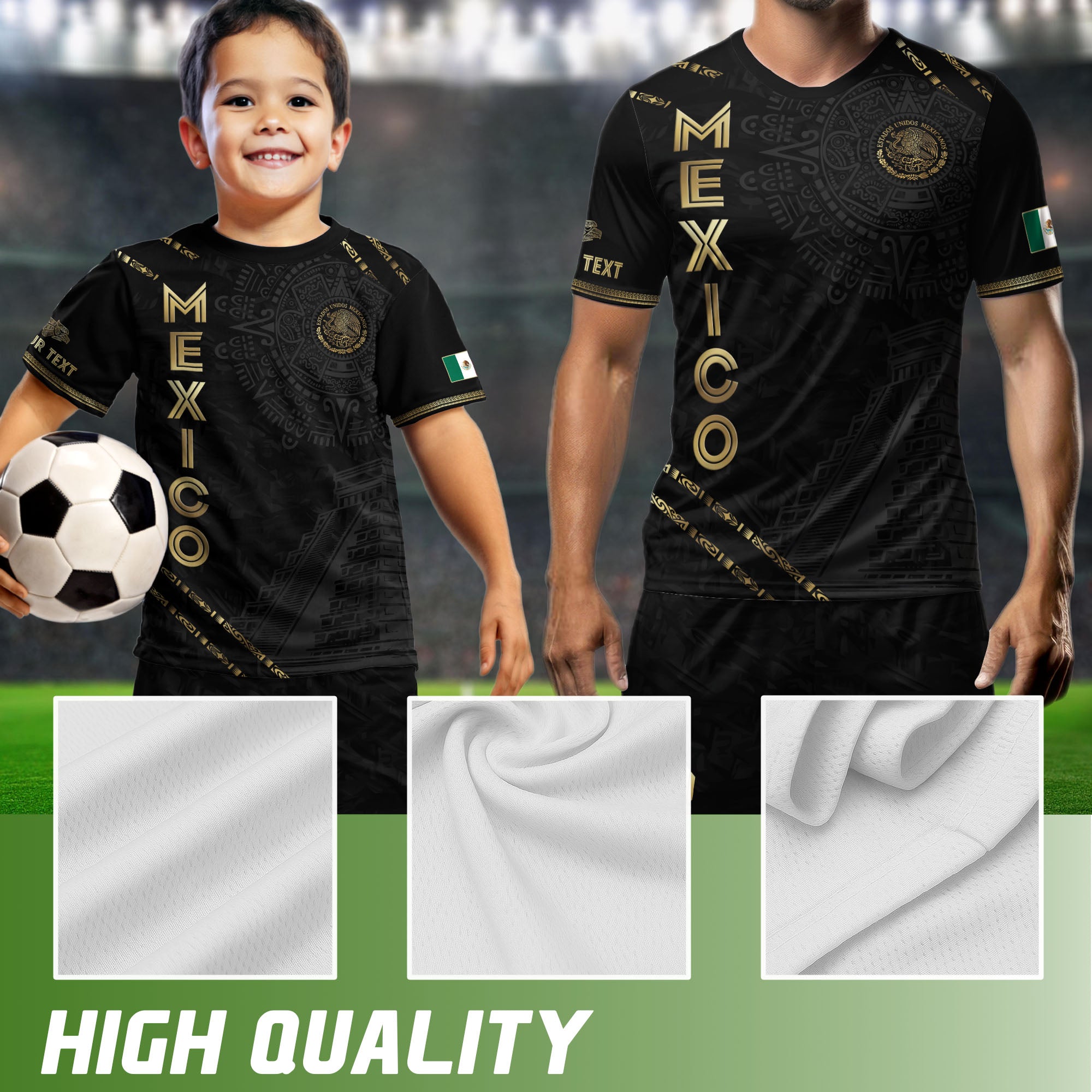 Custom Mexico Black Gold Aztec Calendar Pyramid Design Soccer Jersey