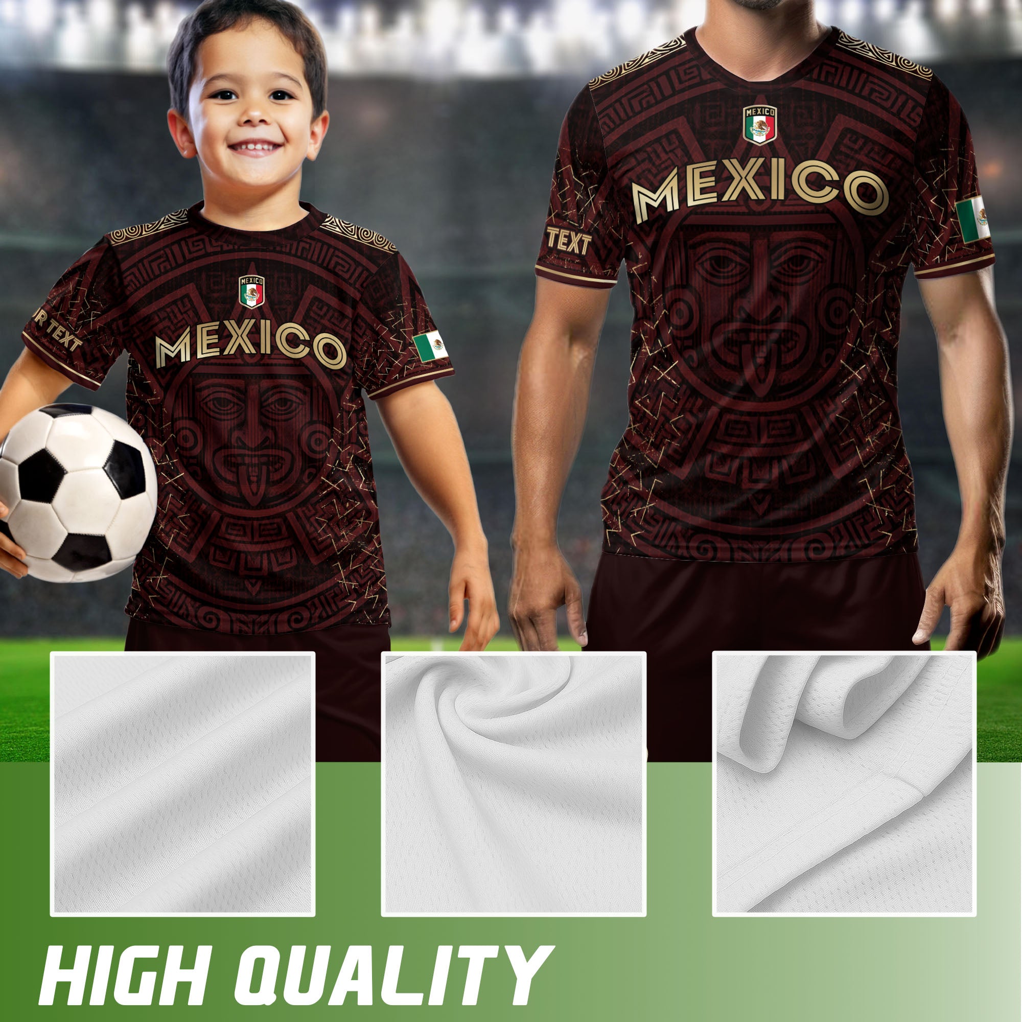 Custom Soccer Jersey Mexico Burgundy Gold Aztec Sun Design