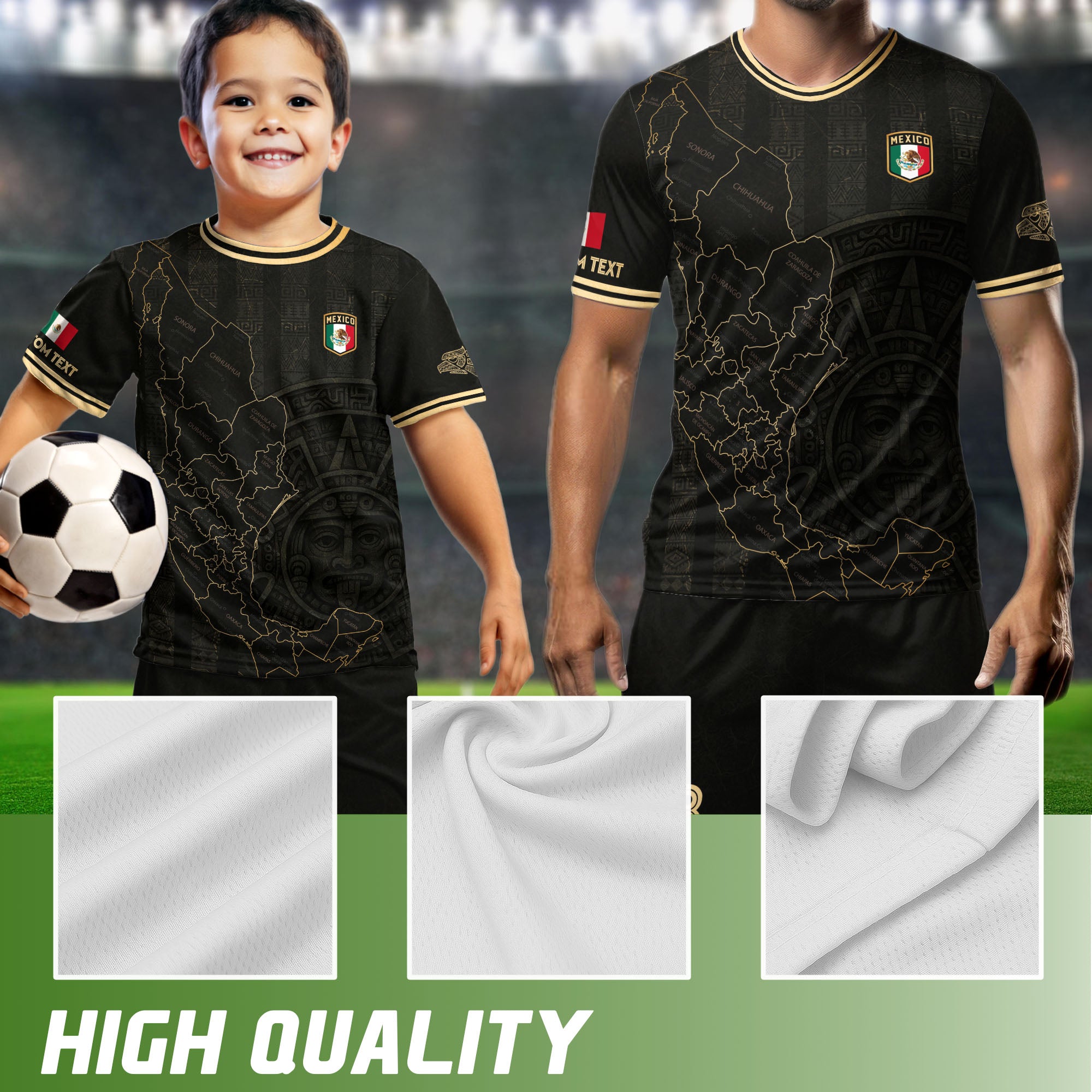 Custom Mexico Black Gold Map Aztec Sun Design Soccer Jersey