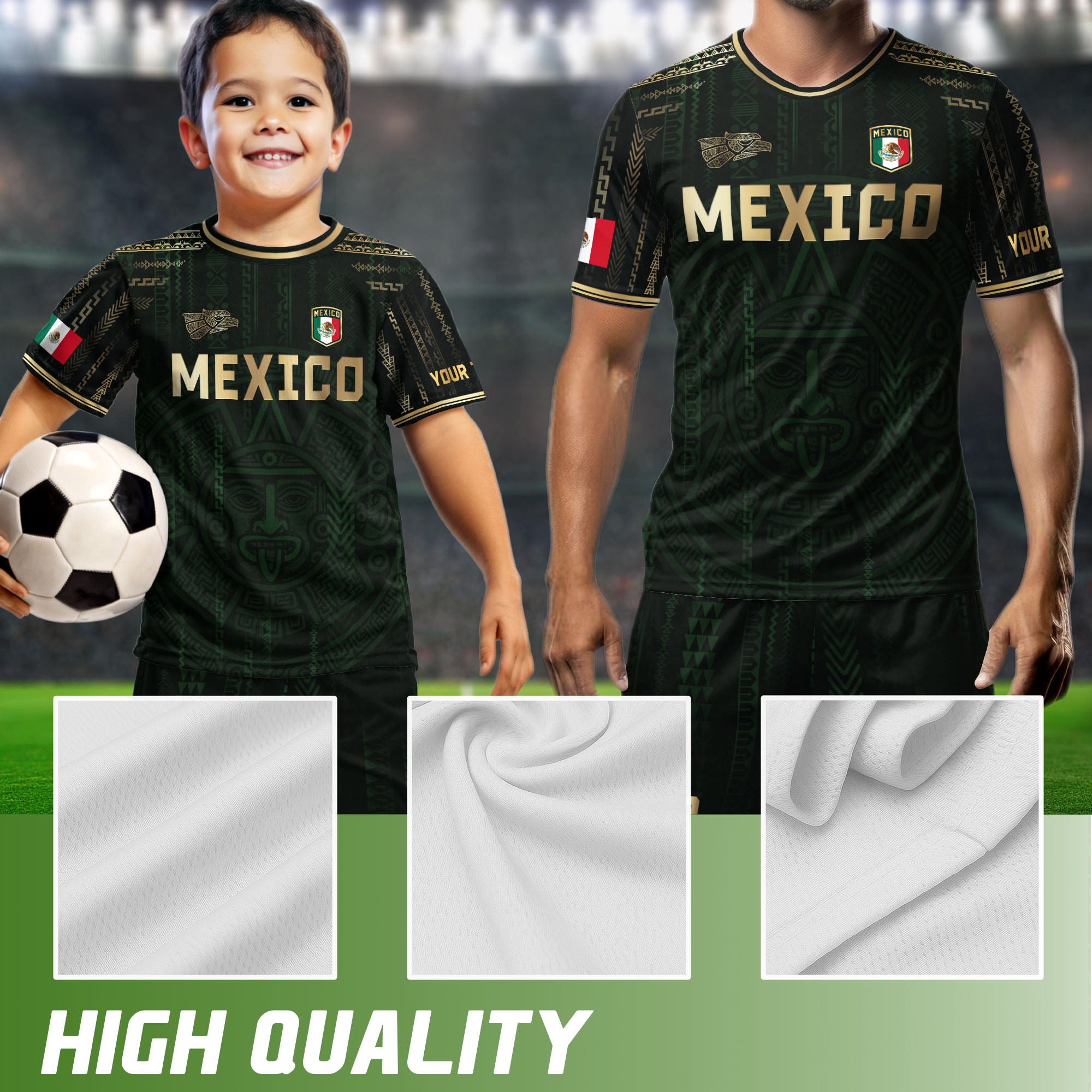 Custom Mexico Dark Green Gold Aztec Sun Design Soccer Jersey