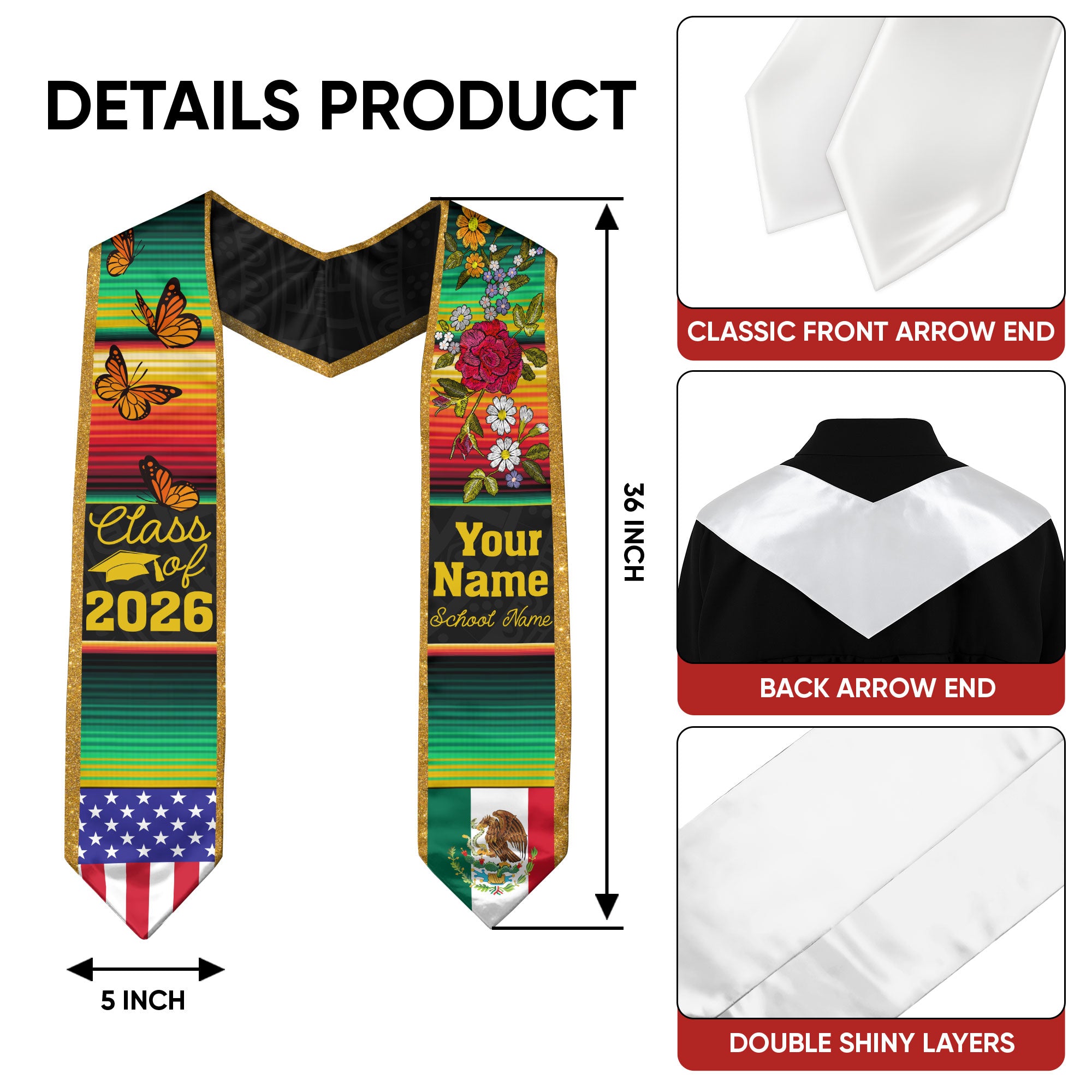Custom Mexican Graduation Stole Mexico USA Flag Serape Butterfly Floral Class 2026