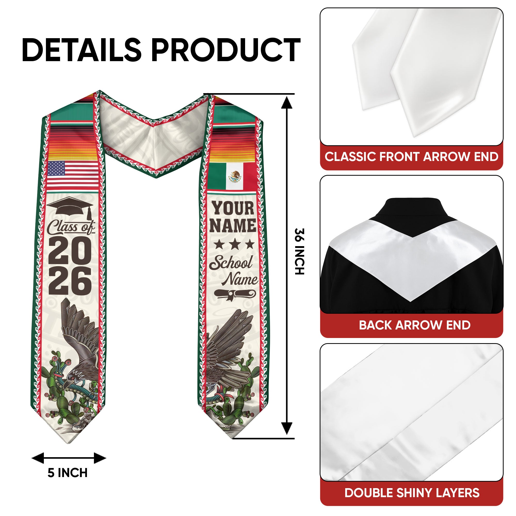 Custom Mexican Graduation Stole Mexico USA Flag Eagle Serape Class 2026