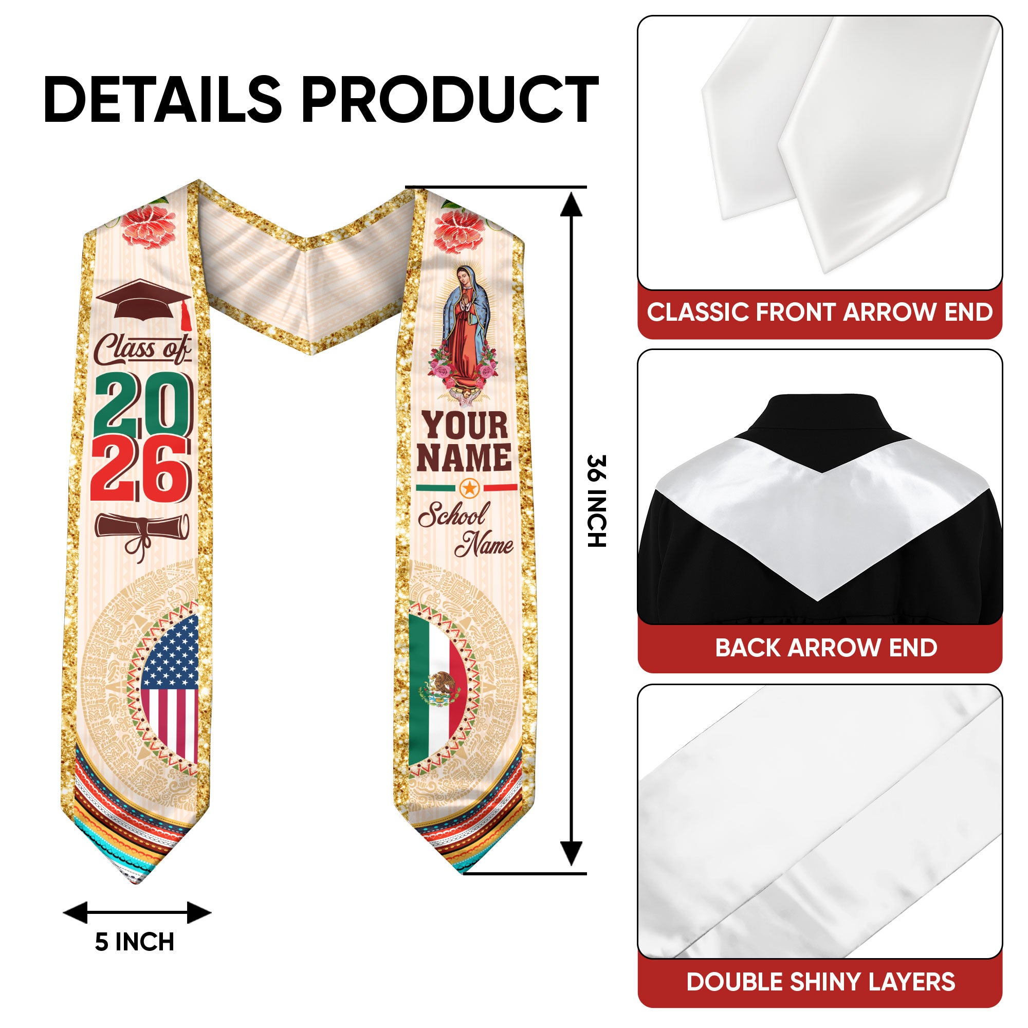 Custom Mexican Graduation Stole Aztec Calendar Virgin Mary USA Mexico Flag 2026