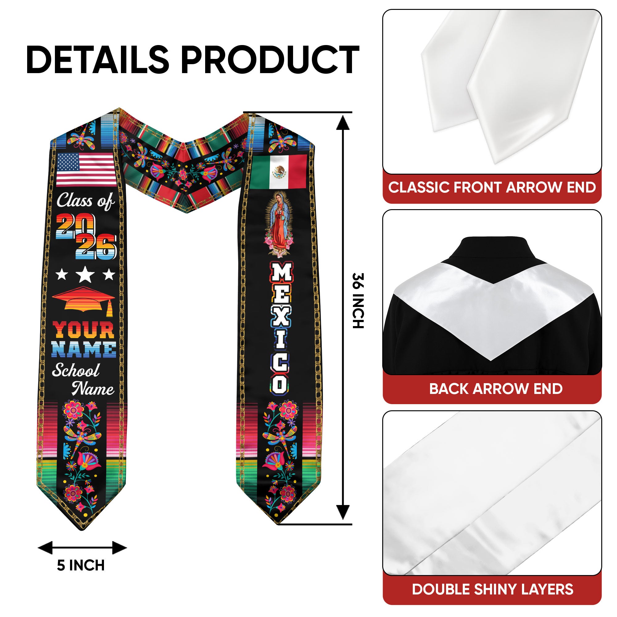 Custom Mexican Graduation Stole 2026 Aztec Floral Butterfly Virgin Mary USA Mexico Flag