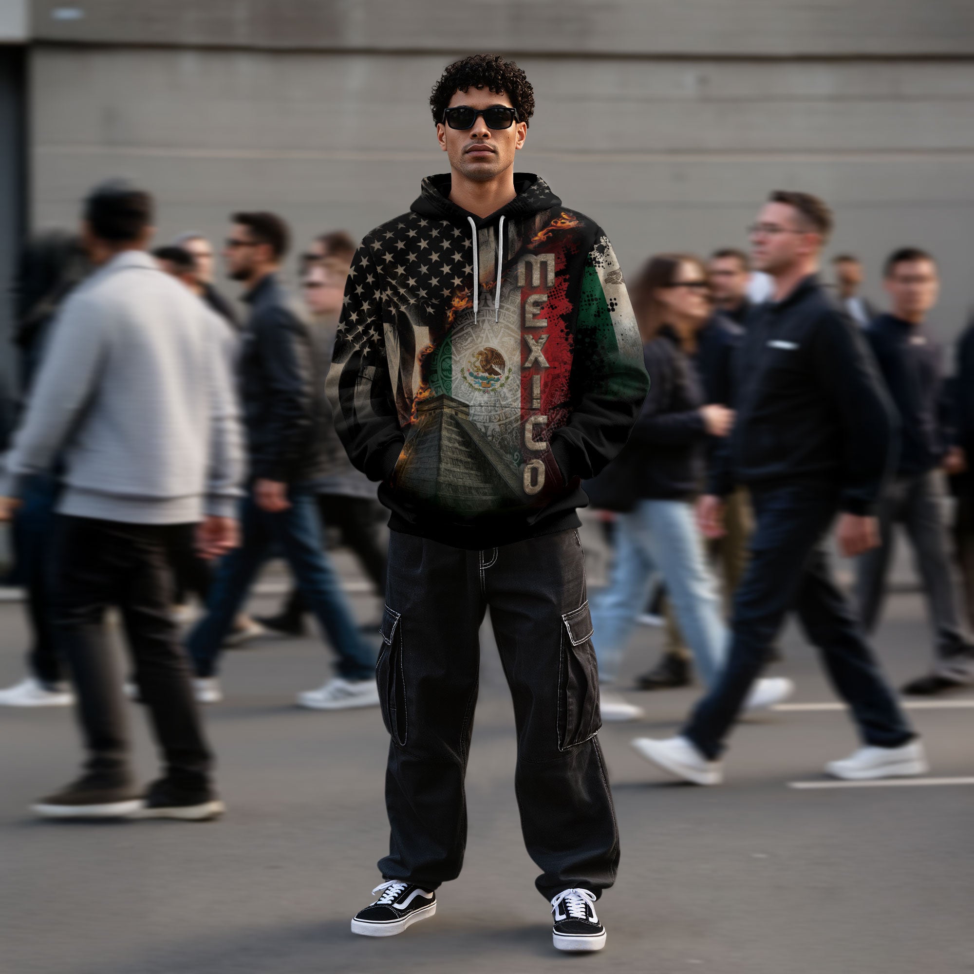 Mexico USA Flag Aztec Pyramid Heritage Unity Warrior Hoodie