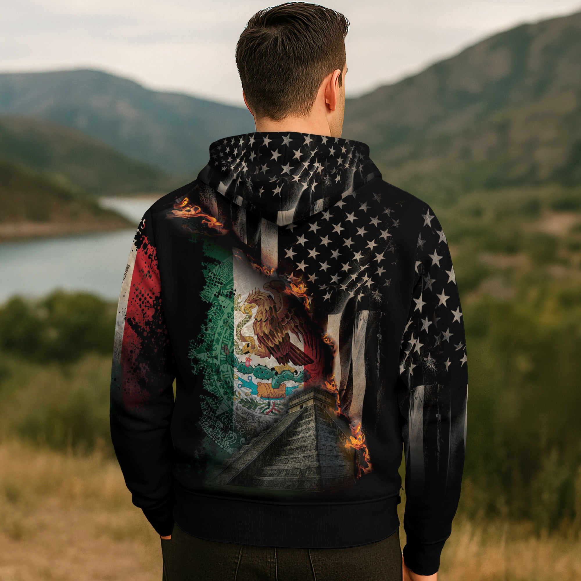 Mexico USA Flag Aztec Pyramid Heritage Unity Warrior Hoodie