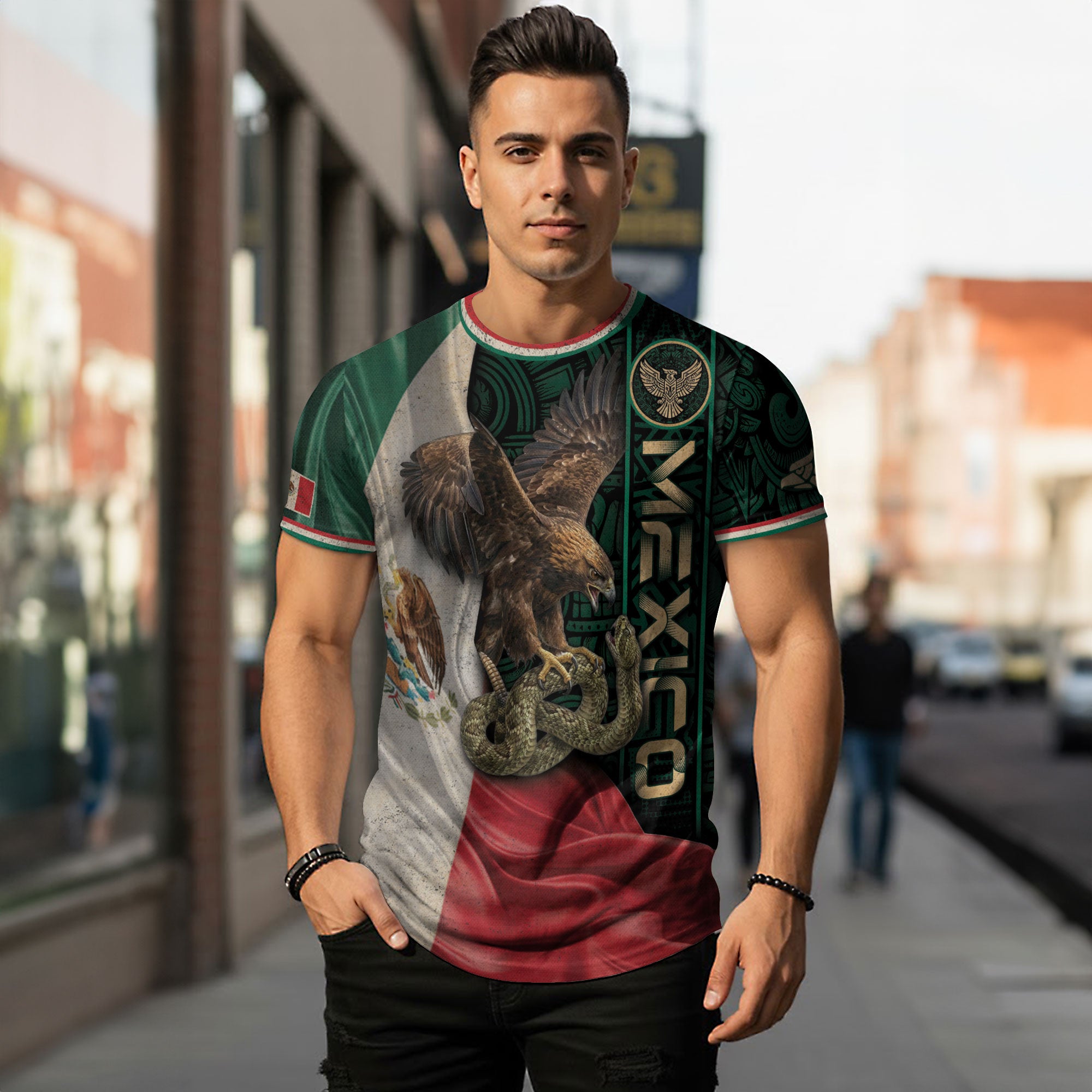 Camiseta de identidad con la bandera de México, águila, serpiente, herencia azteca, orgullo nacional