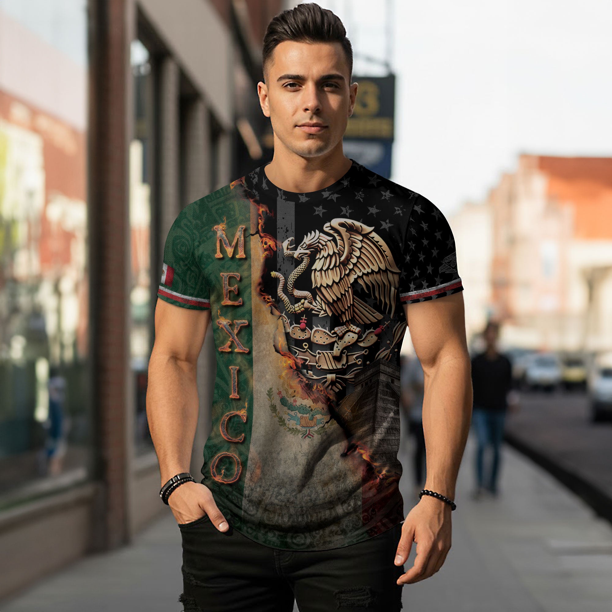 Mexico Flag Golden Eagle Fire Aztec Pyramid Heritage Power Pride Shirt