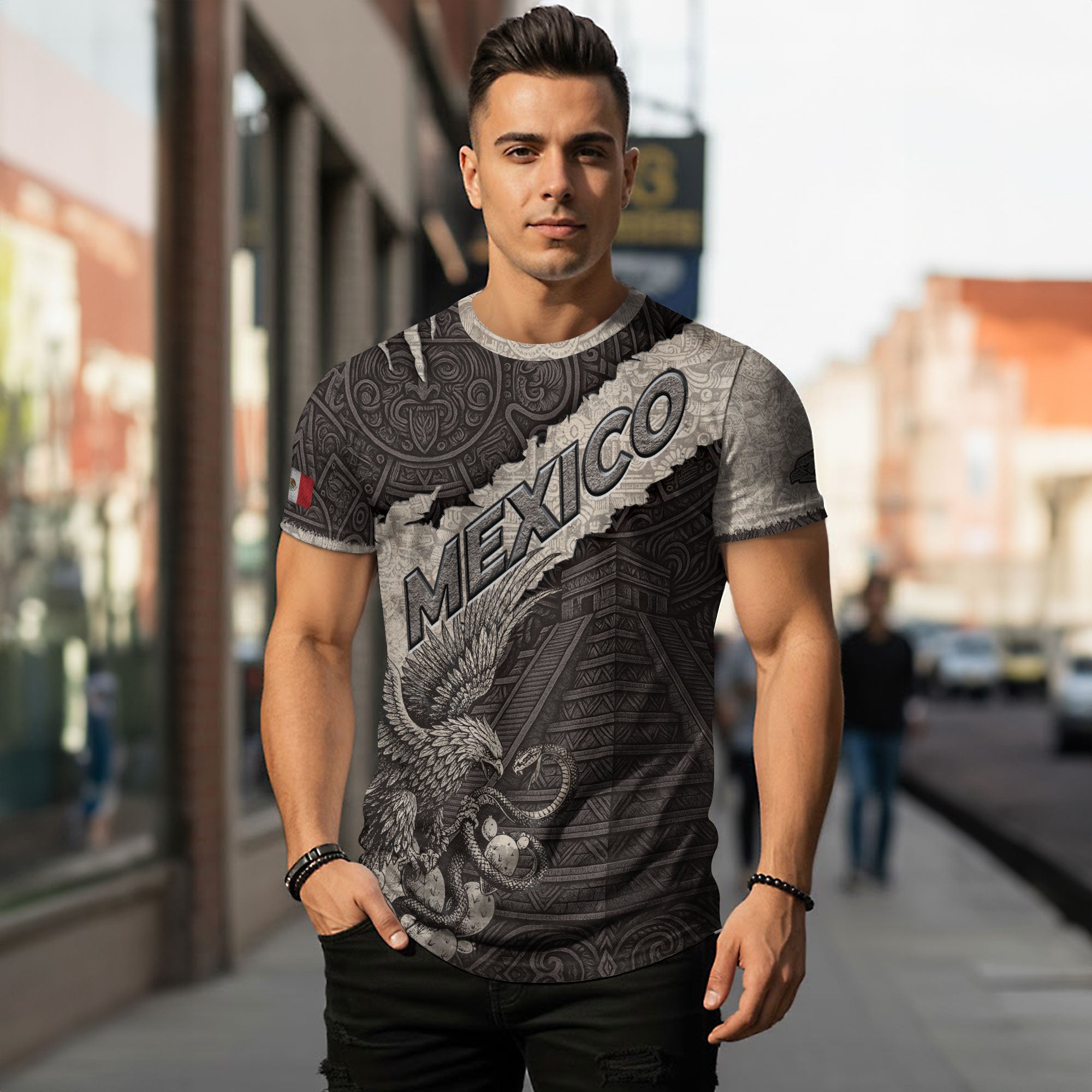 Aztec Pyramid and Eagle Stone Texture Mexico Heritage Shirt