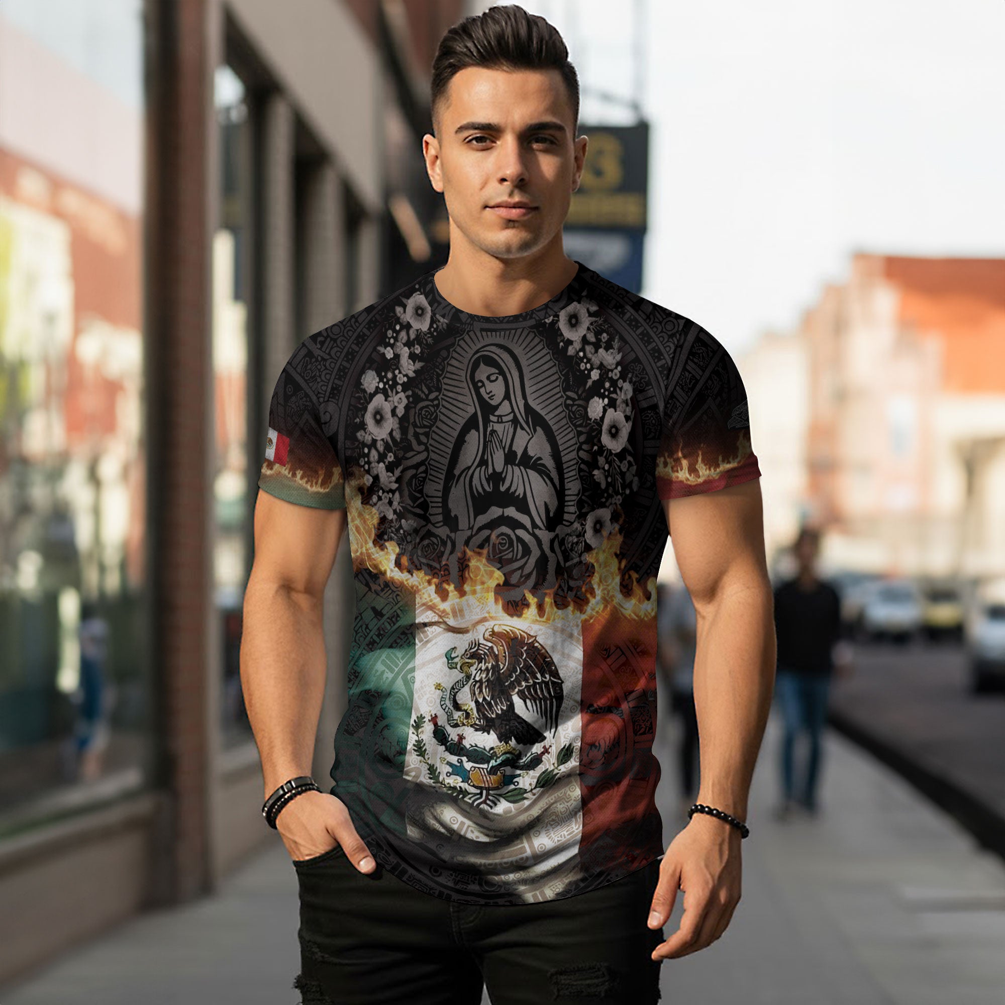 Virgin of Guadalupe Flame Mexico Flag Aztec Heritage Shirt
