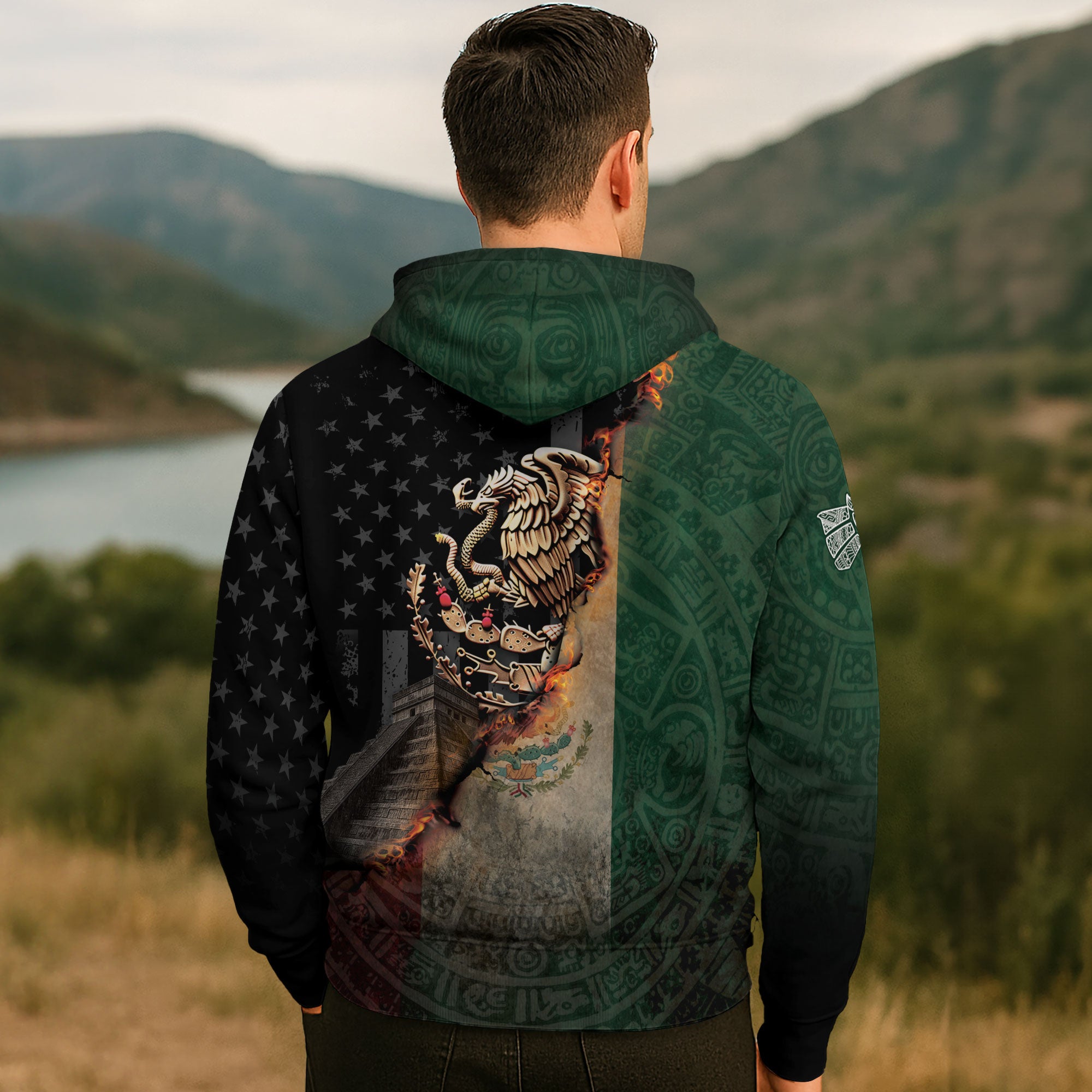 Mexico Flag Golden Eagle Fire Aztec Pyramid Heritage Power Warrior Hoodie