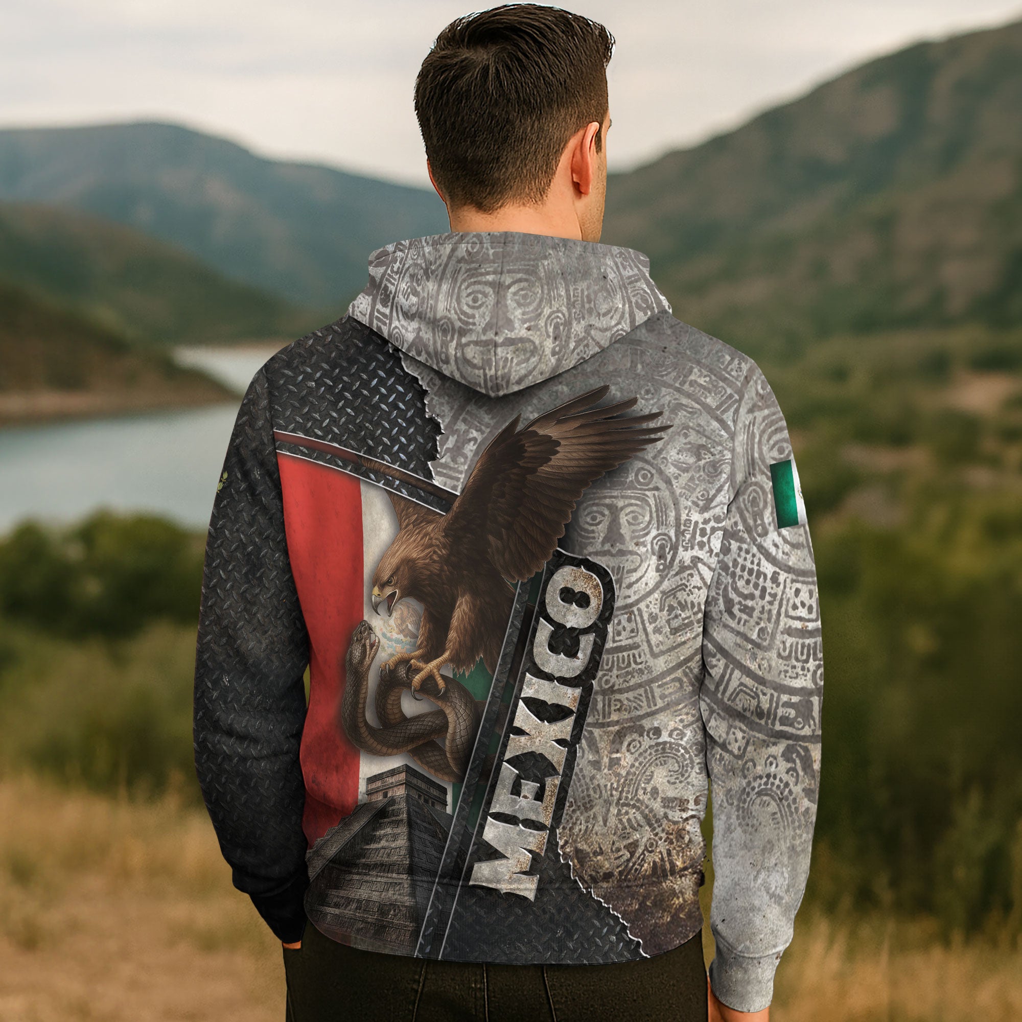 Mexico Flag Eagle Serpent Aztec Pyramid Stone Steel Heritage Warrior Pride Hoodie