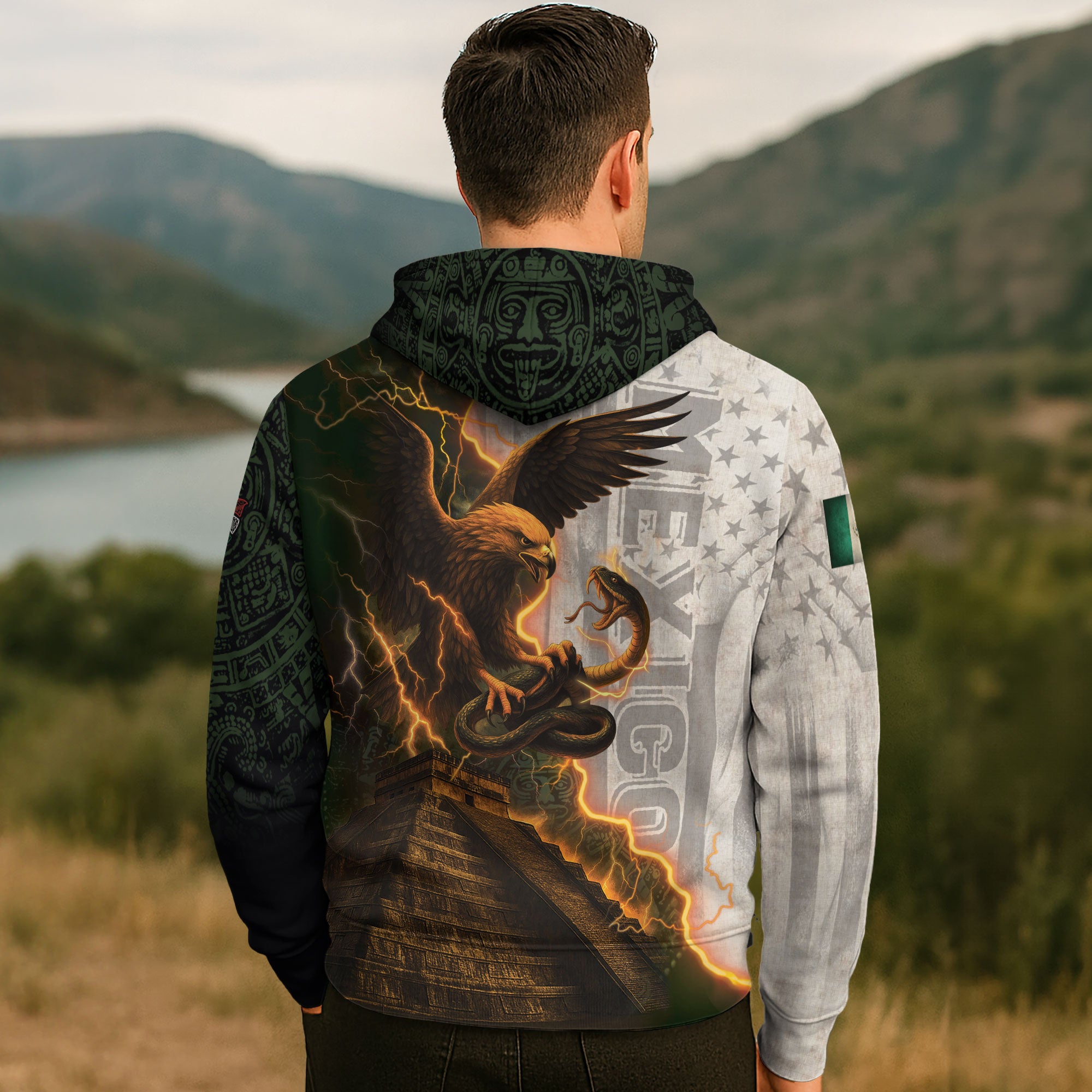 Mexico Flag Eagle Serpent Lightning Aztec Pyramid Heritage Power Pride Hoodie