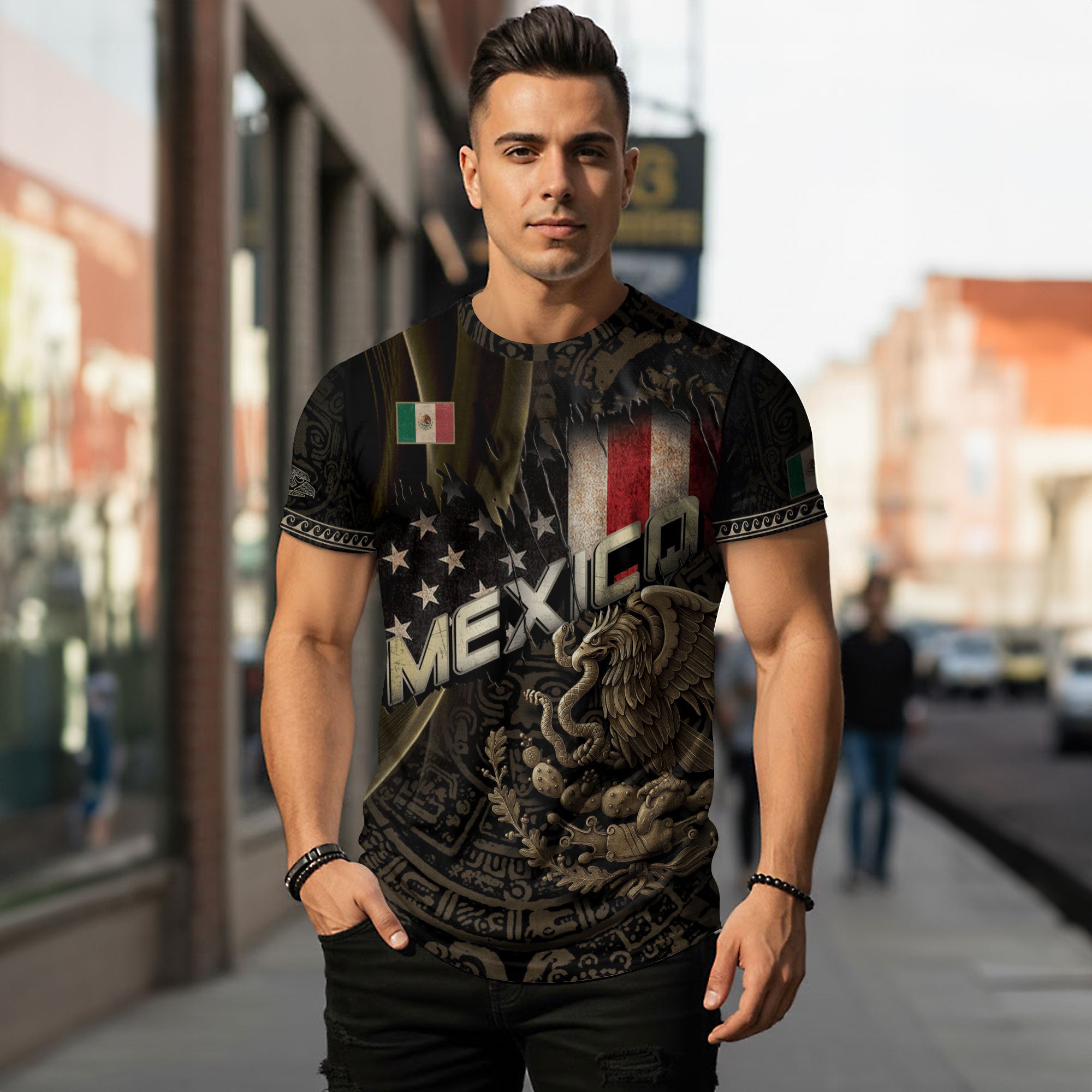 Mexico USA Flag Golden Eagle Aztec Pattern Heritage Unity Pride Power Shirt