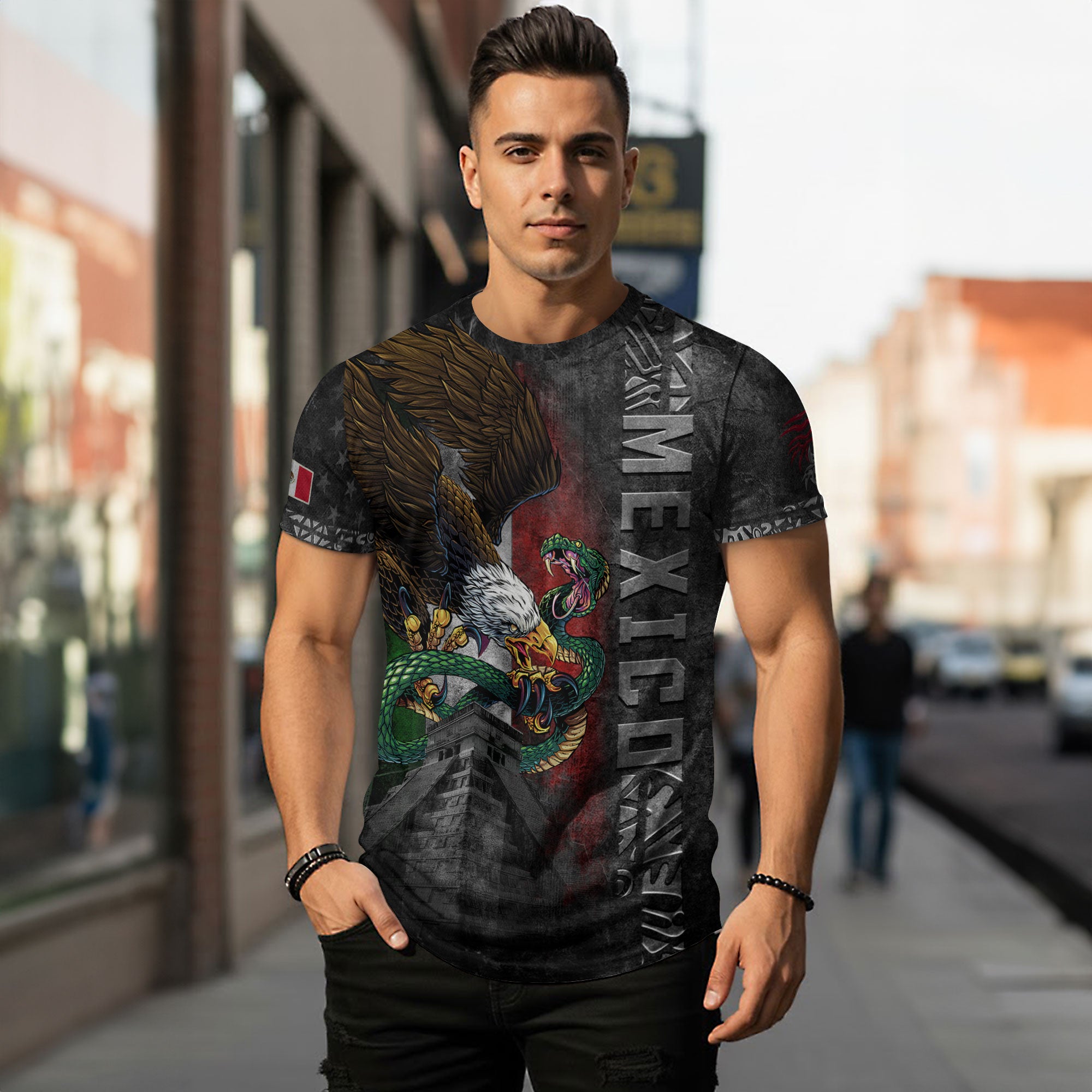 Mexico Flag Eagle Serpent Aztec Pyramid Heritage Pride Grunge Warrior Shirt