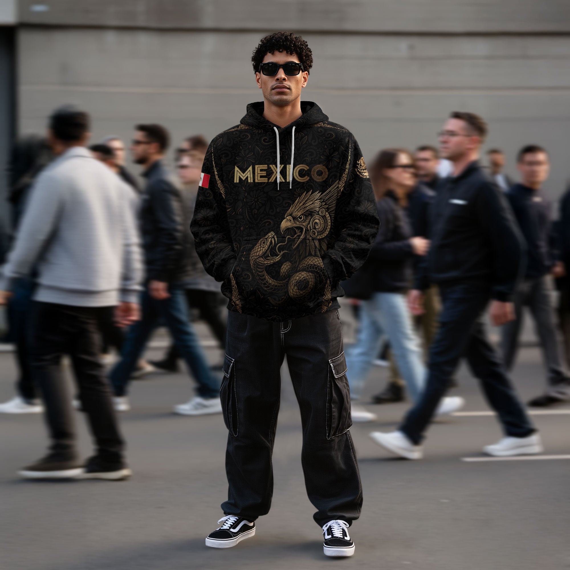 Mexican Gold Eagle Snake Floral Pattern Mens Sudadera De Mexico Heritage Hoodie