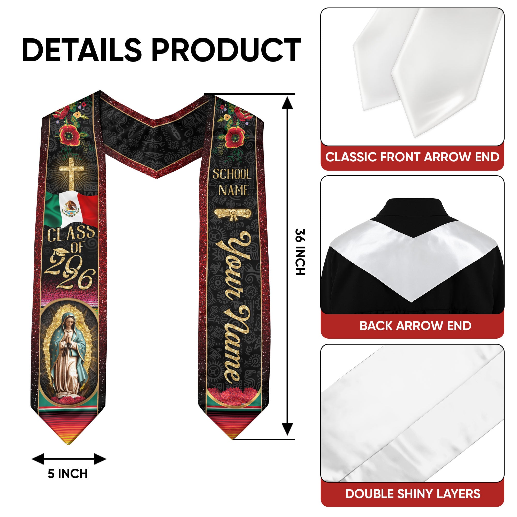 Custom Mexican Graduation Stole Class of 2026 Aztec Pattern Mexico Sash Virgin Mary