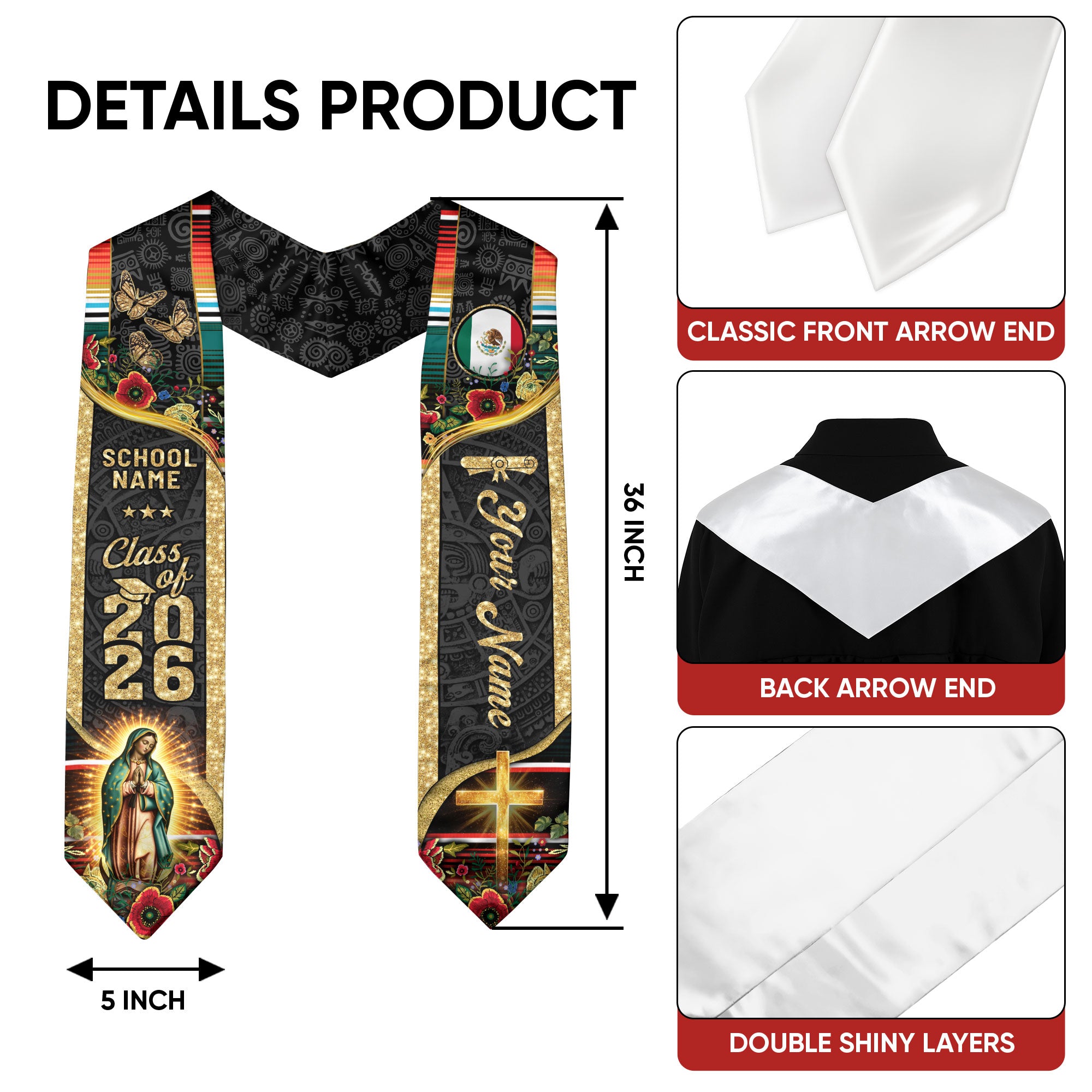 Custom Mexican Graduation Stole 2026 Mexico Sash Butterfly Virgin Mary Aztec Patterns