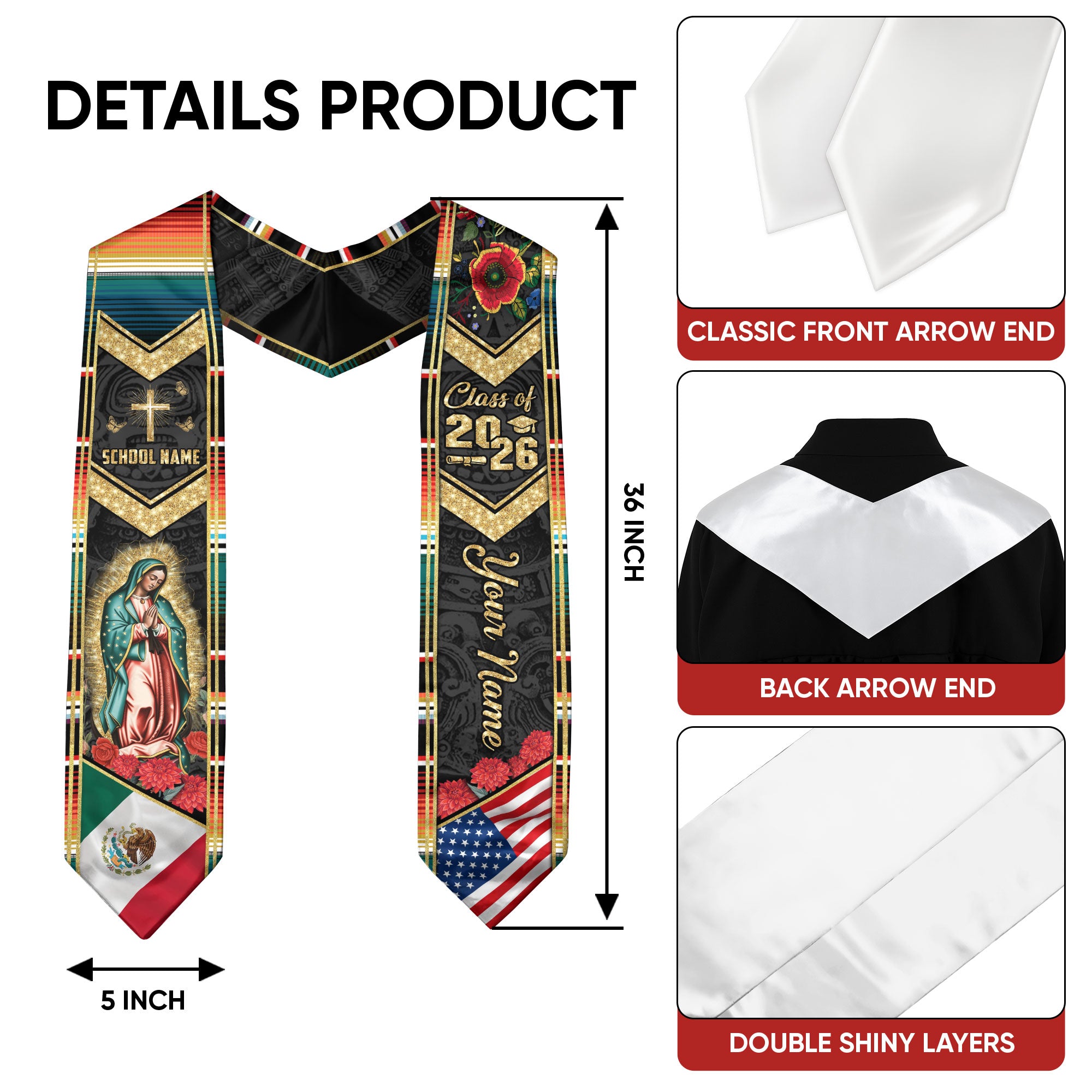 Custom Mexican Graduation Stole 2026 Virgin Mary Cross USA Flag Aztec Patterns Sash