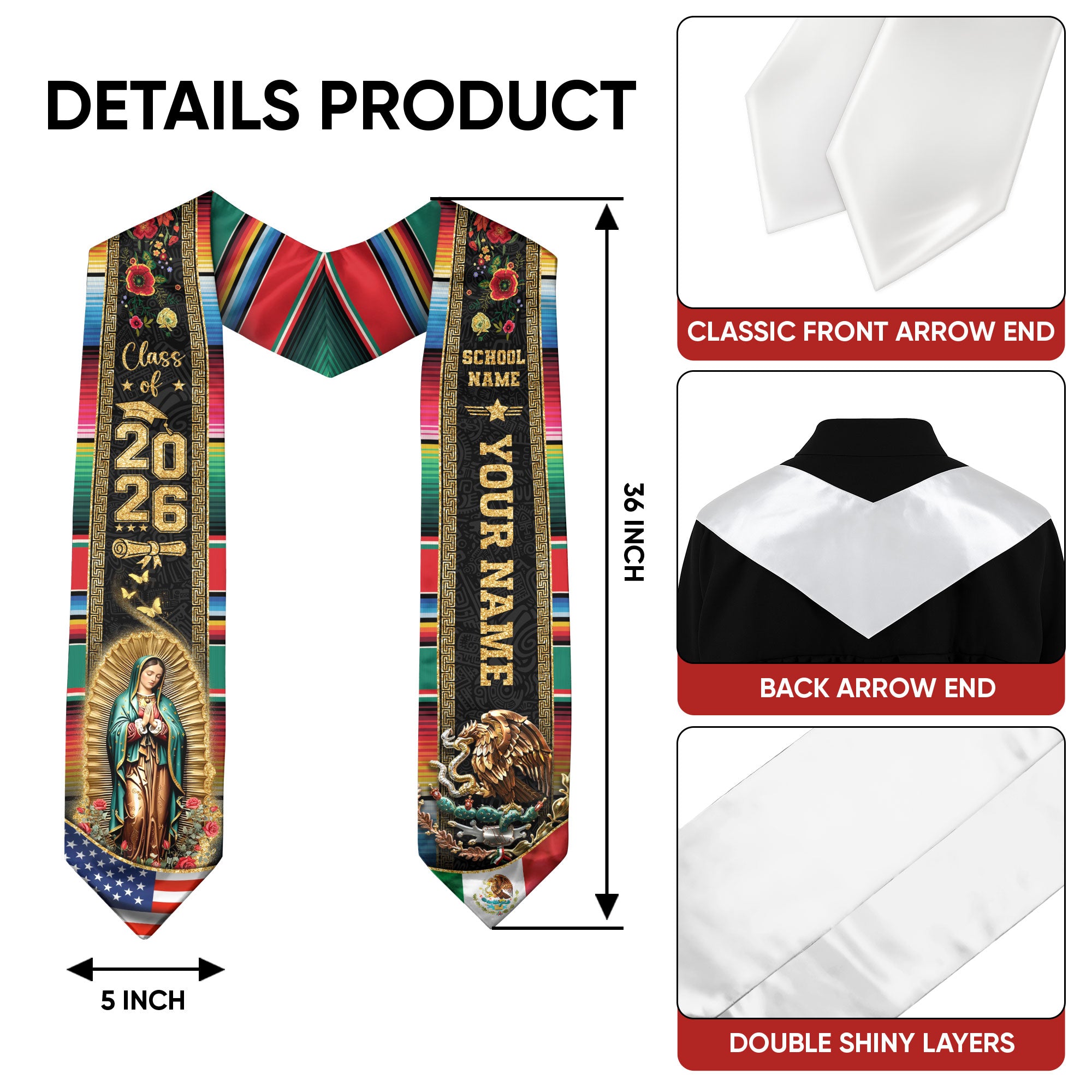 Mexican Graduation Stole Aztec Pattern Eagle Virgin Mary Flag Custom Sash 2026