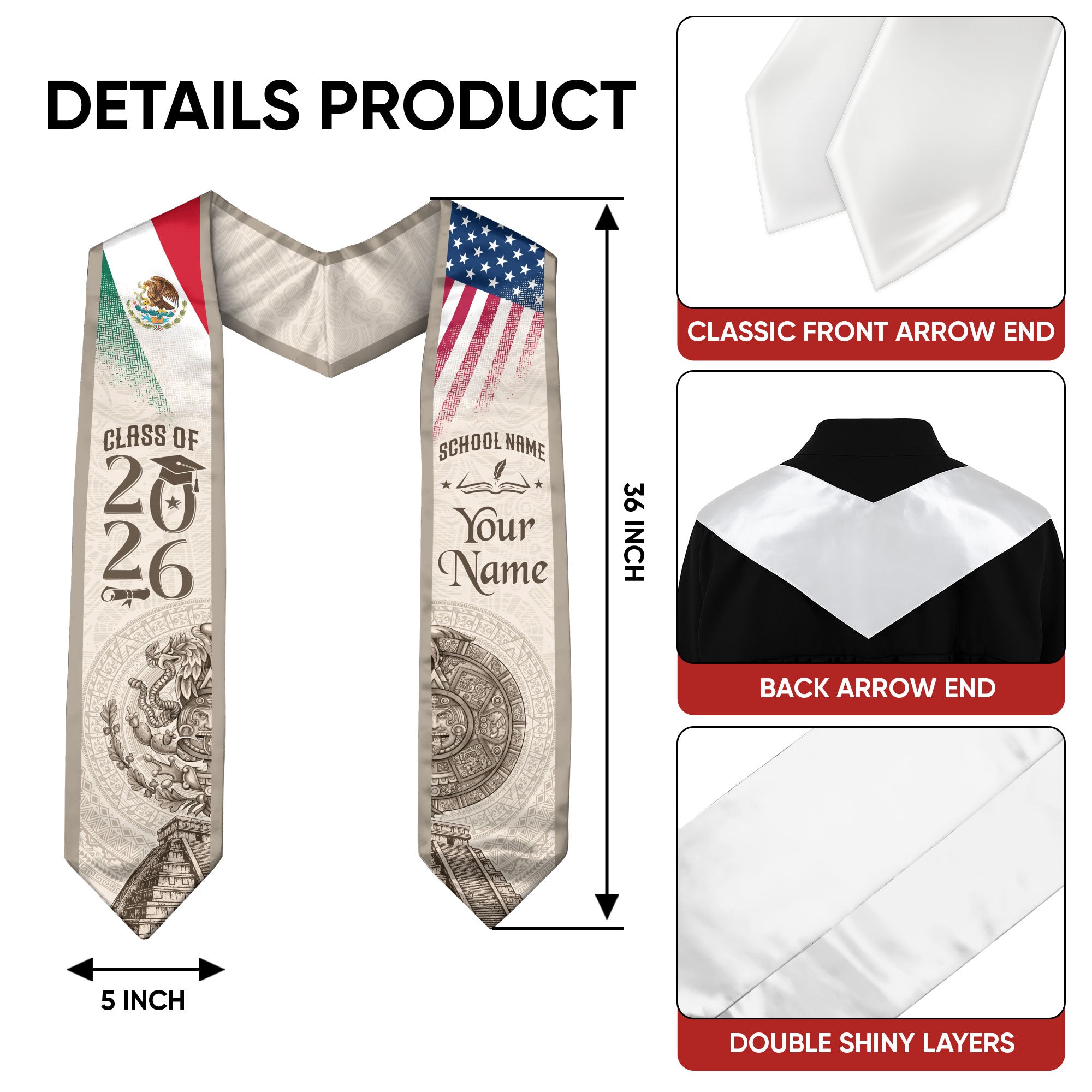 Mexican Graduation Stole Aztec Calendar Pyramid Eagle USA Mexico Flag Custom Sash