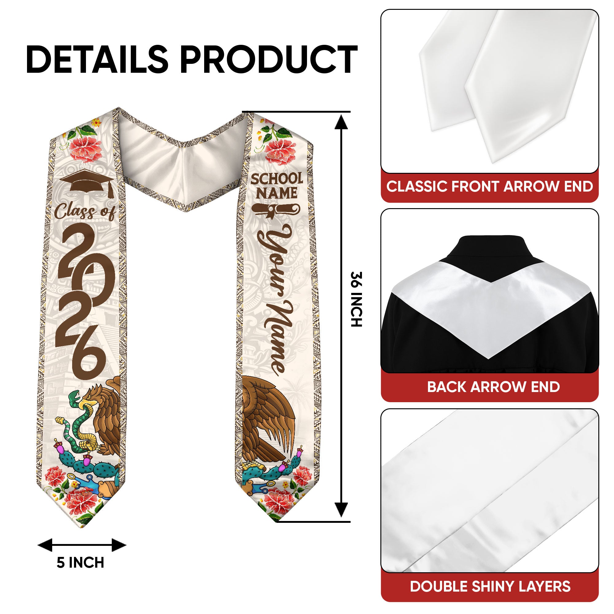 Mexican Graduation Stole Aztec Eagle Cactus Floral Custom Mexico Sash 2026