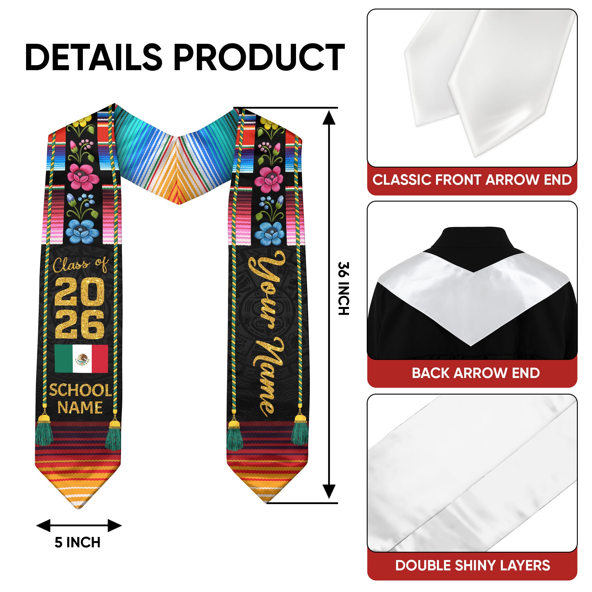 Mexican Graduation Stole Aztec Floral Serape Tassel Flag Custom Sash 2026