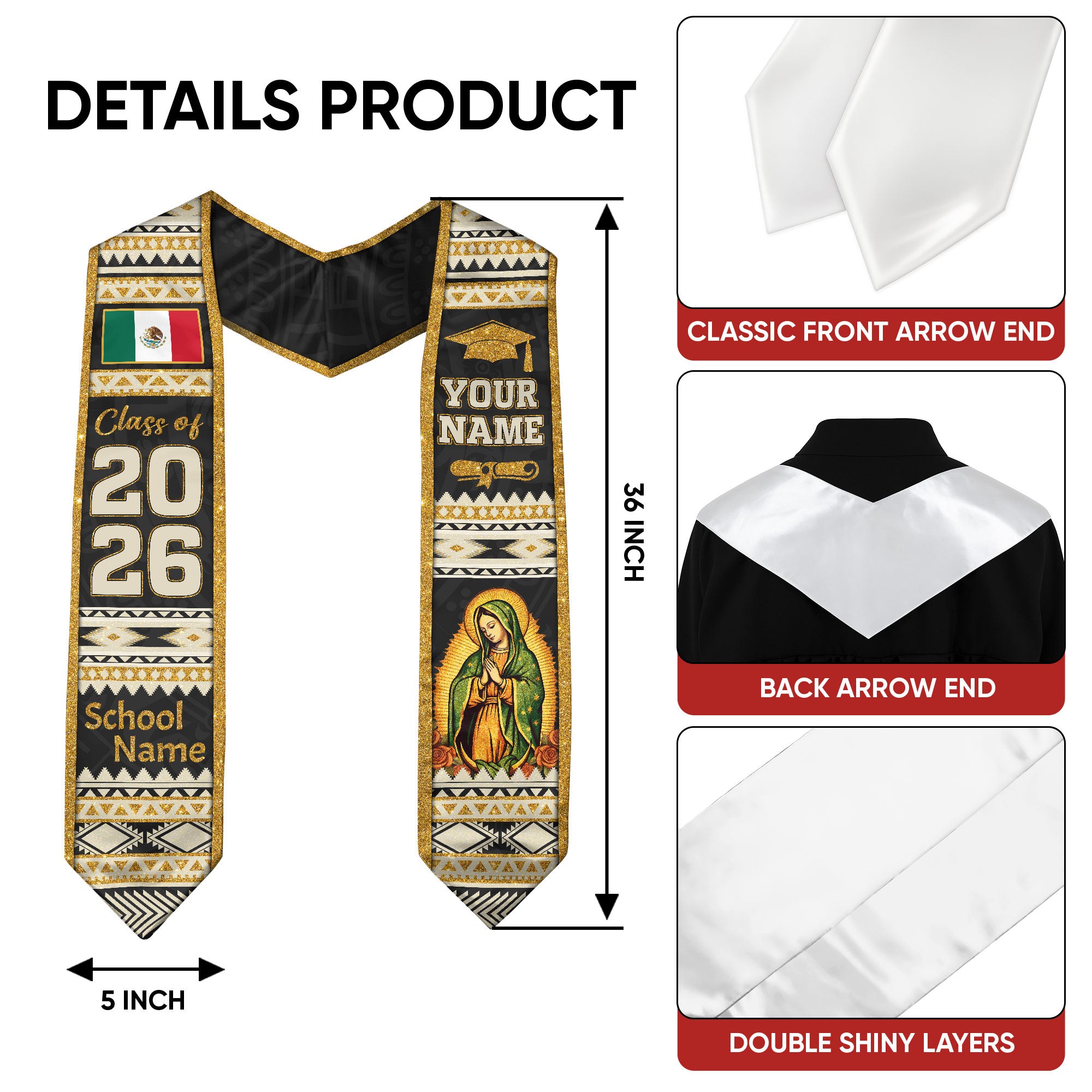 Mexican Graduation Stole Aztec Pattern Virgin Mary Flag Gold Tribal Custom Sash