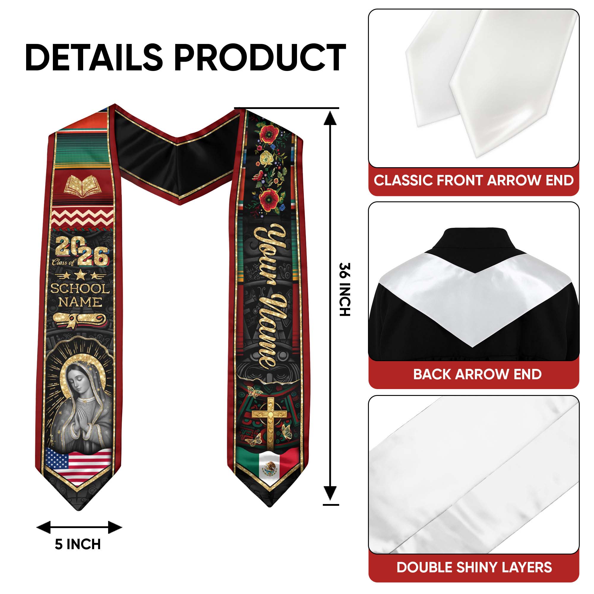 Mexican Graduation Stole Aztec Pattern Virgin Mary Cross Floral USA Flag Custom Sash