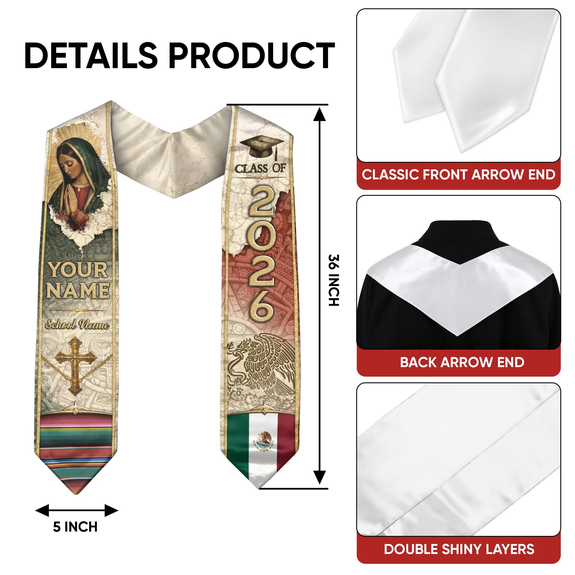 Mexican Graduation Stole Aztec Eagle Virgin Mary Cross Flag Custom Sash 2026
